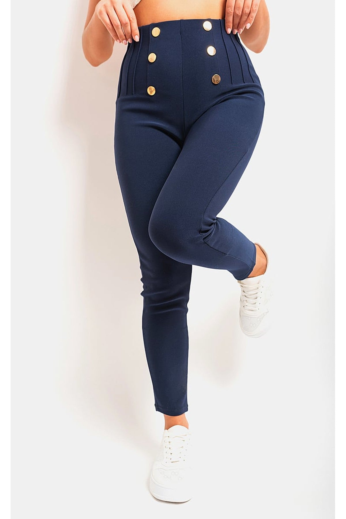 Jemma High Waisted Button Front Detail Trouser - NAVY