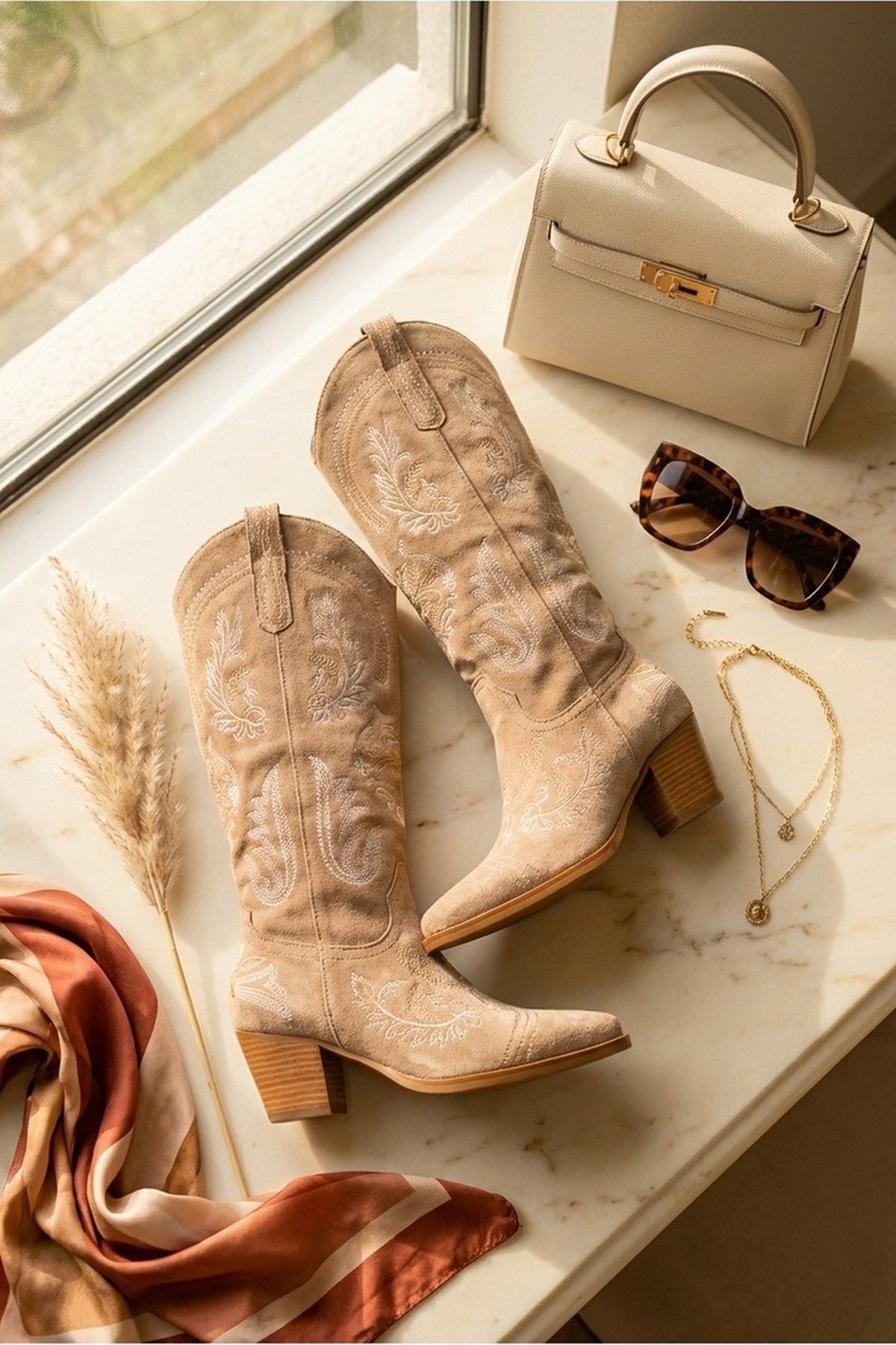 Jessie Womens Embroidered Western Cowboy Boots - Khaki