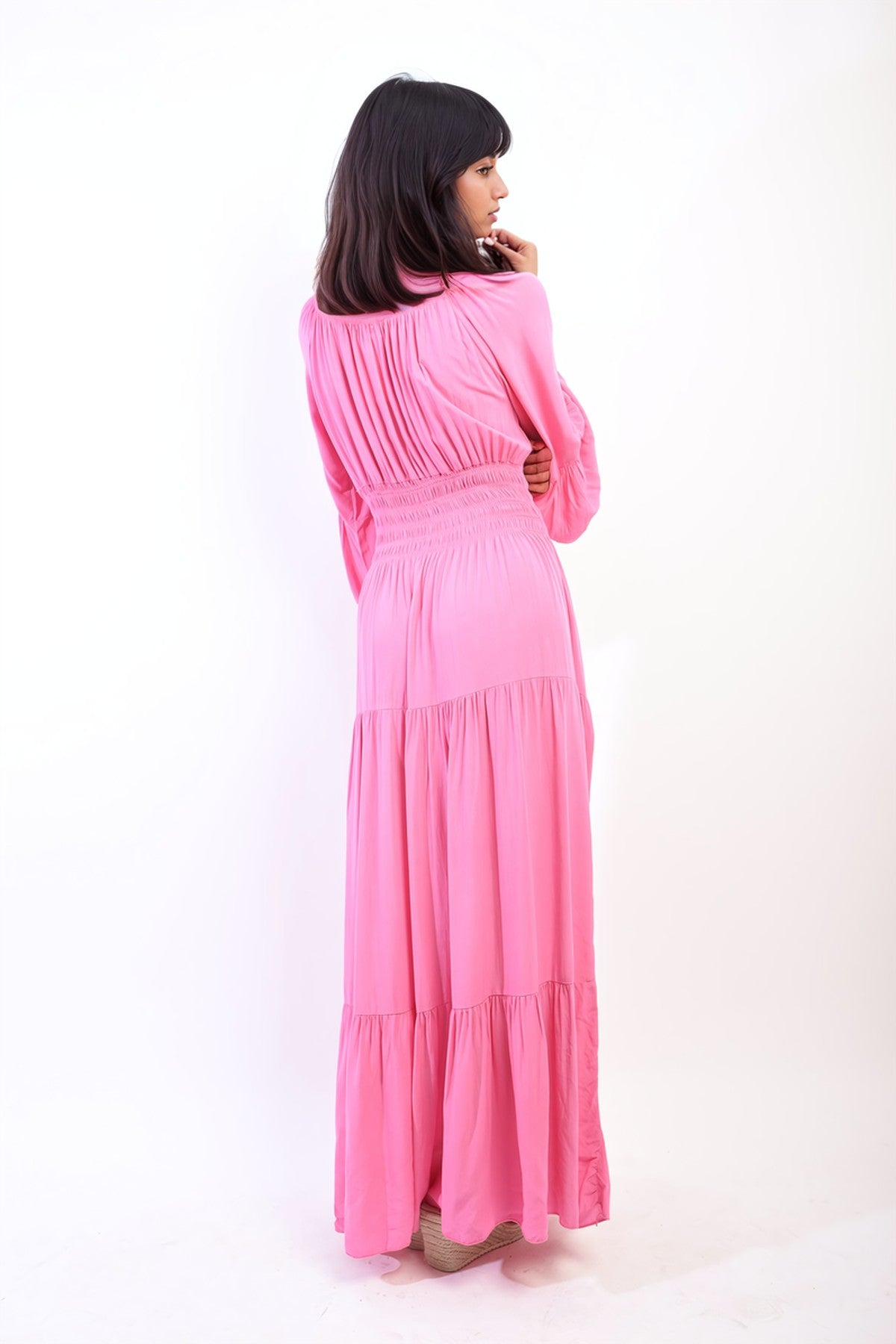 Leah Ruffle Hem Sleeve Shirred Waist Tiered Maxi Dress - FUSCHIA