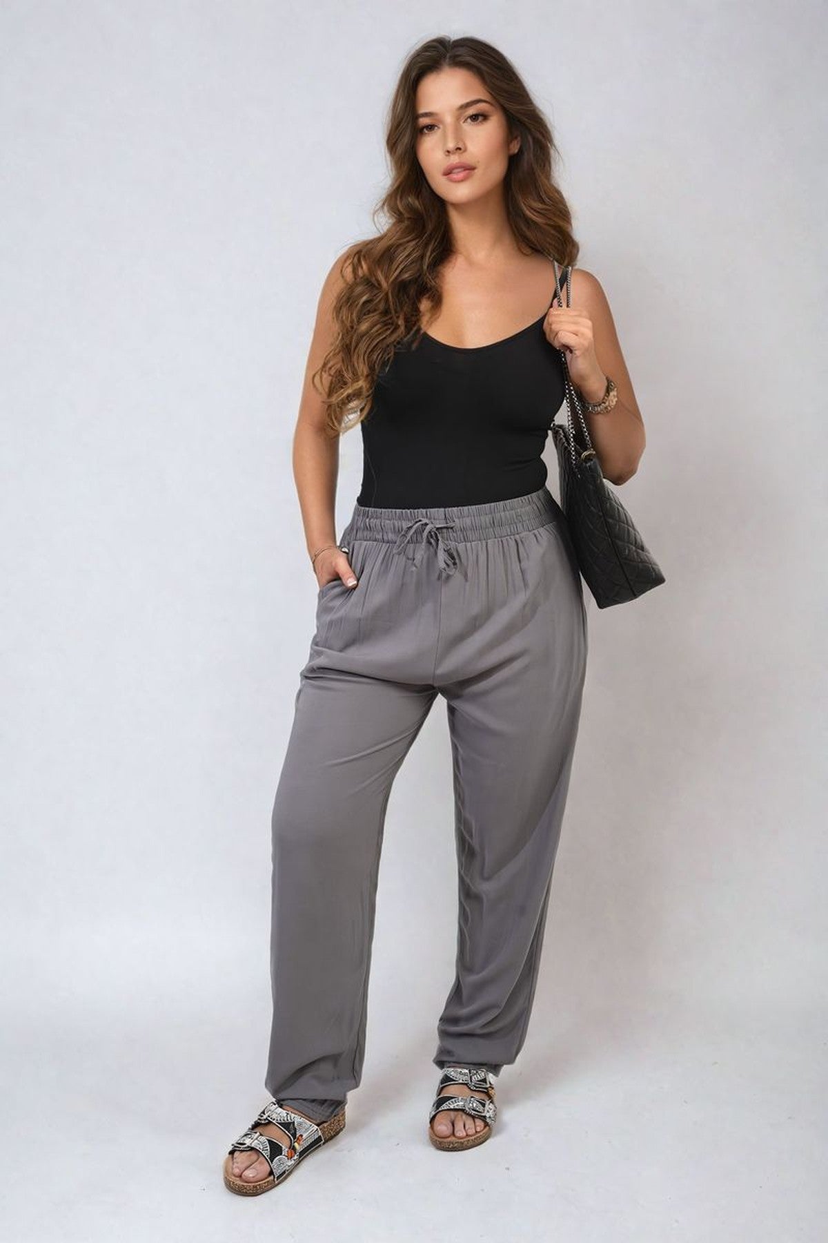 Matilda Drawstring High Waist Trouser With Side Pockets - GREY