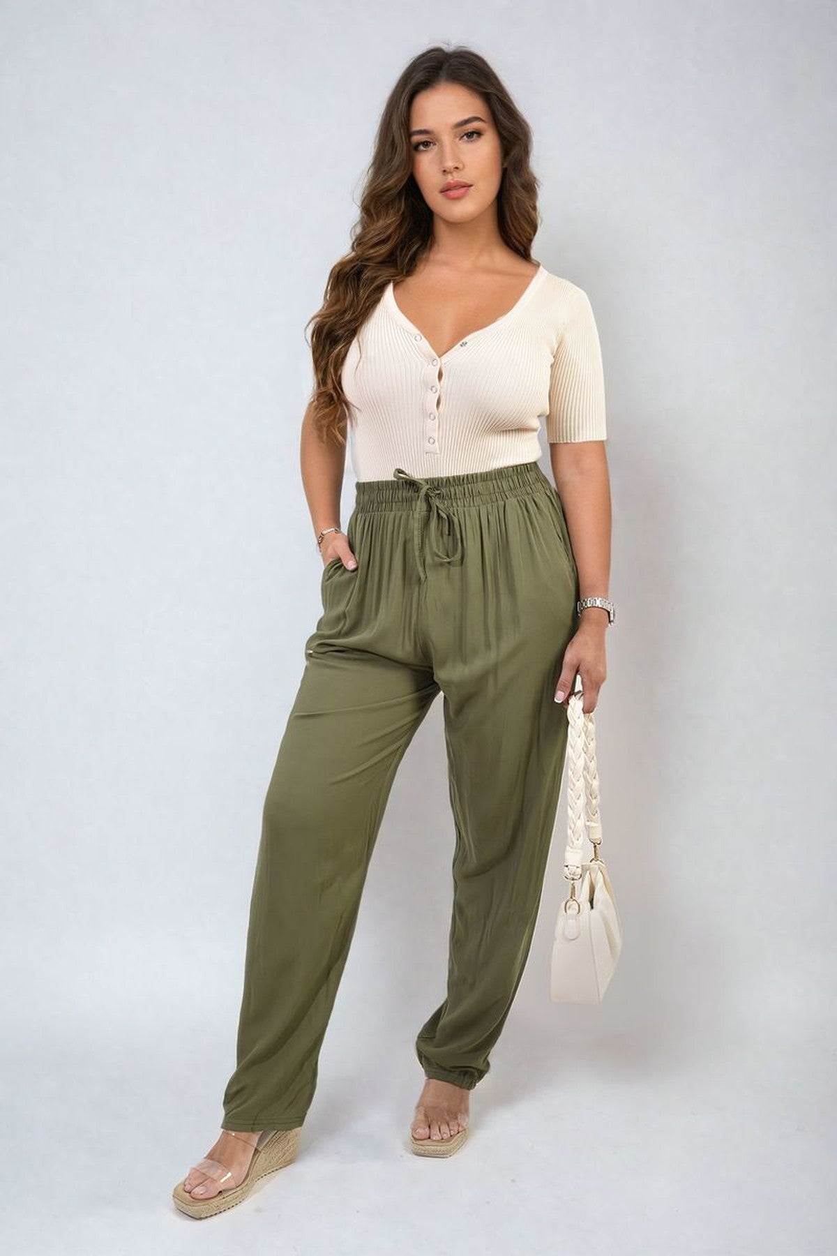 Matilda Drawstring High Waist Trouser With Side Pockets - KHAKI