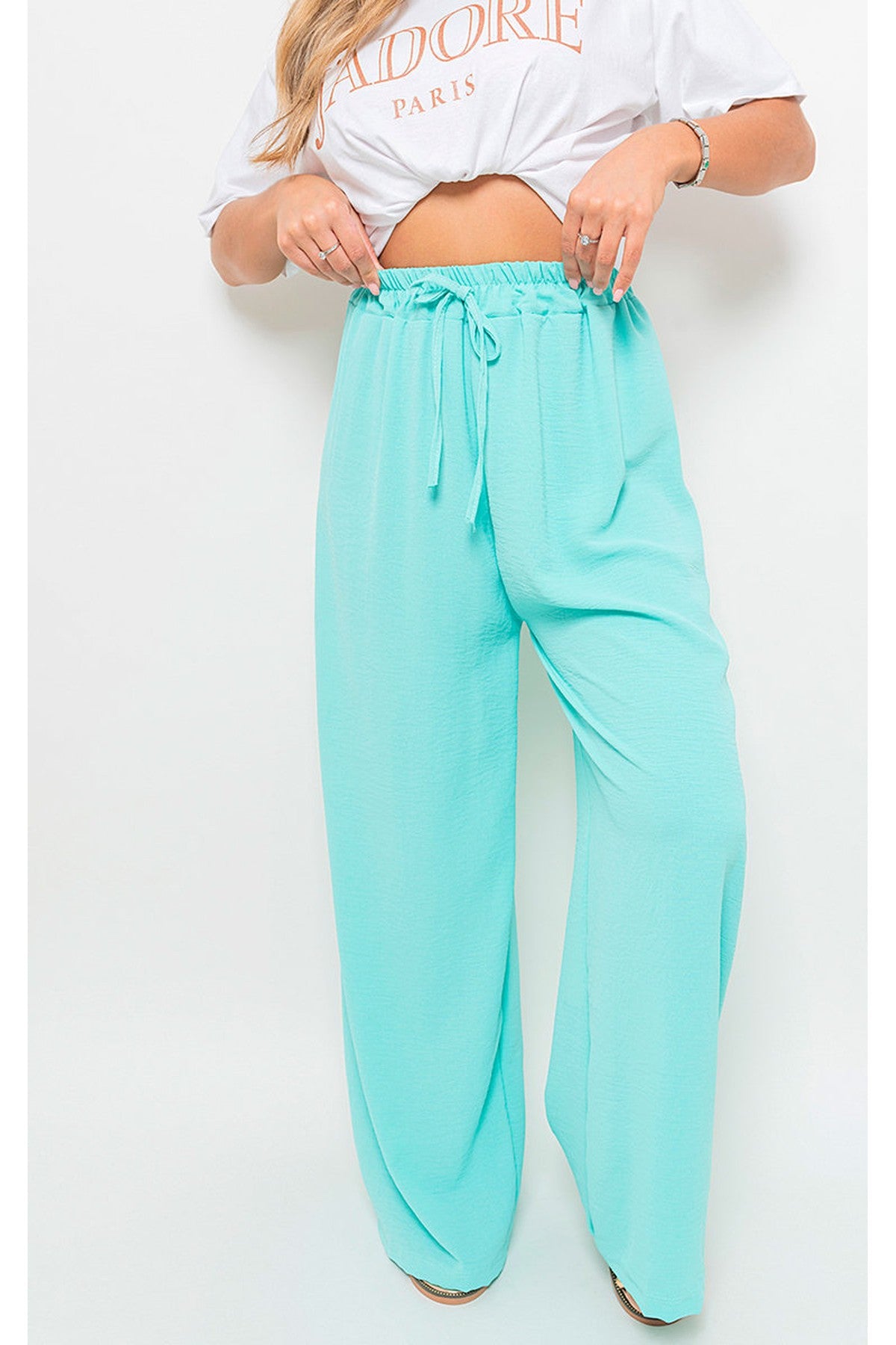 Mollie Drawstring Gathered Waist Wide Leg Trouser - MINT