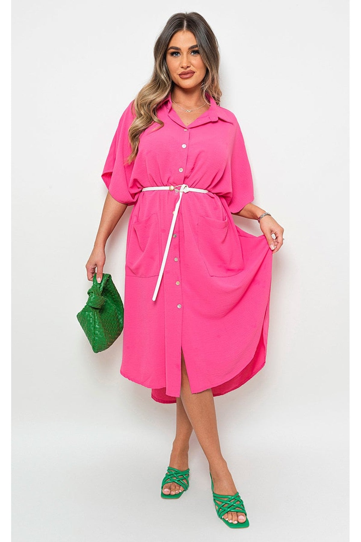 Nancy Button Down Collared Midi Dress With Two Front Pockets - FUSCHIA