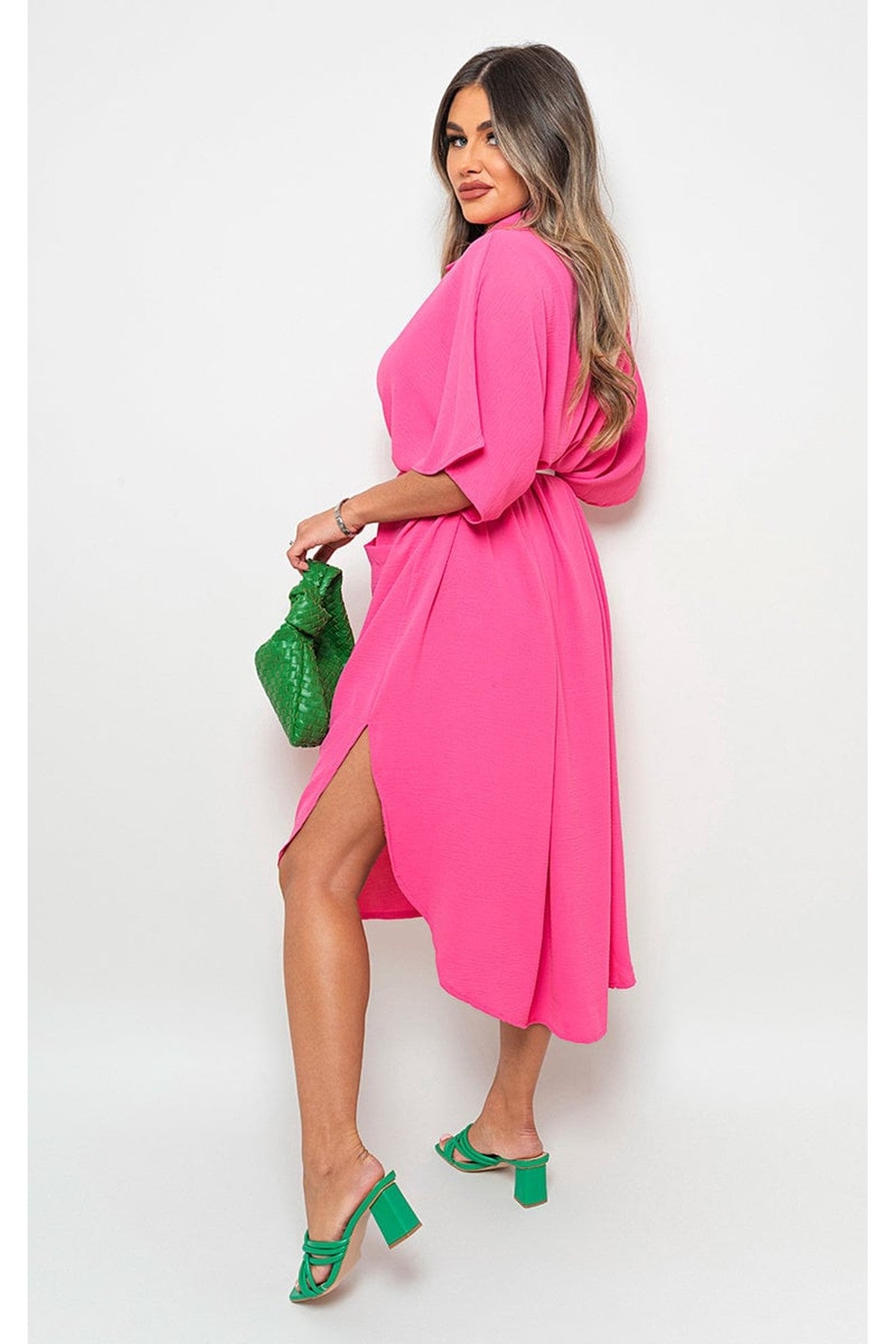 Nancy Button Down Collared Midi Dress With Two Front Pockets - FUSCHIA