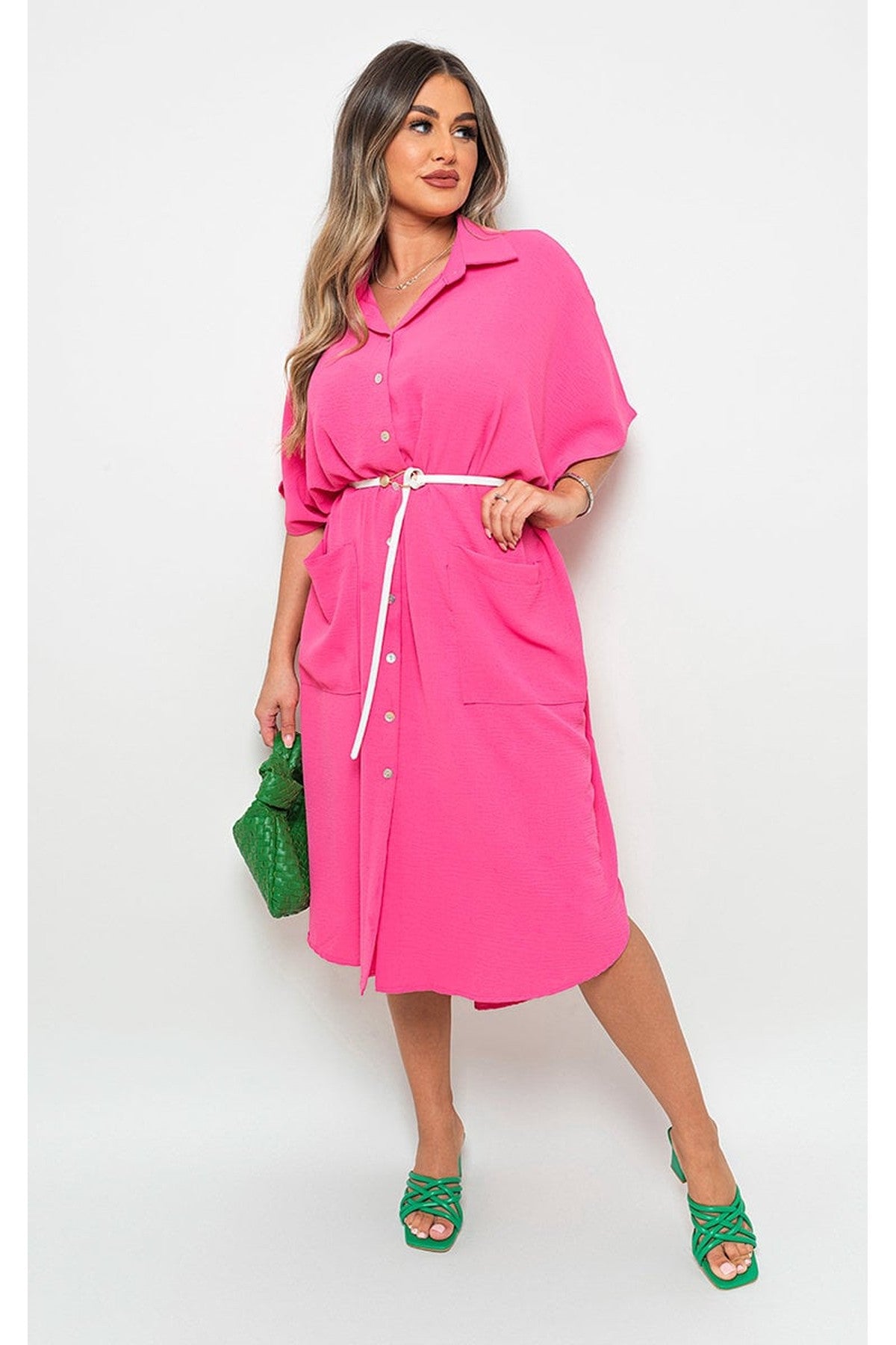 Nancy Button Down Collared Midi Dress With Two Front Pockets - FUSCHIA