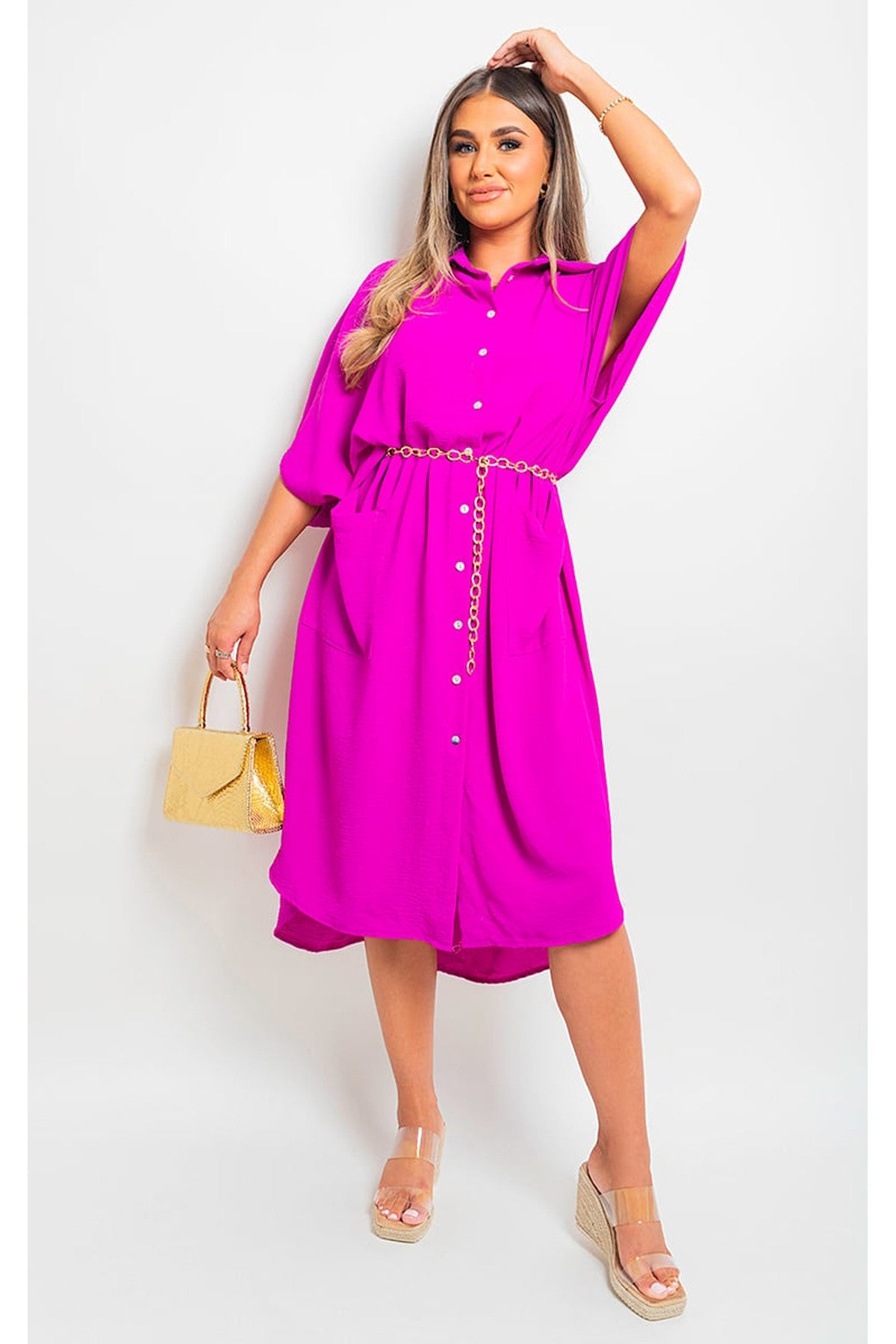 Nancy Button Down Collared Midi Dress With Two Front Pockets - MAGENTA
