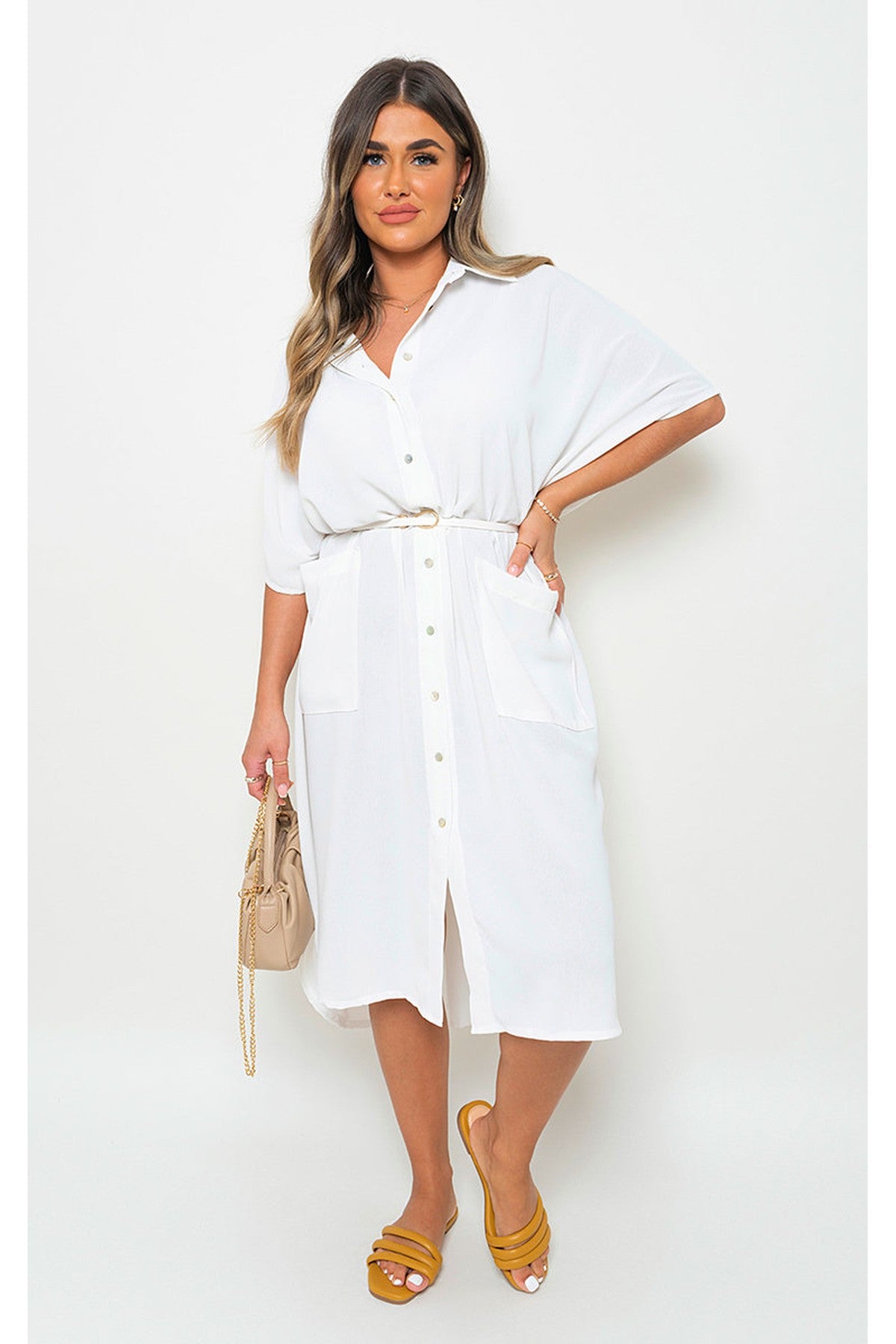 Nancy Button Down Collared Midi Dress With Two Front Pockets - WHITE
