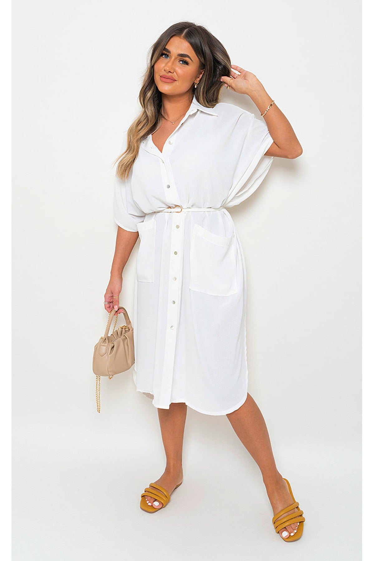 Nancy Button Down Collared Midi Dress With Two Front Pockets - WHITE