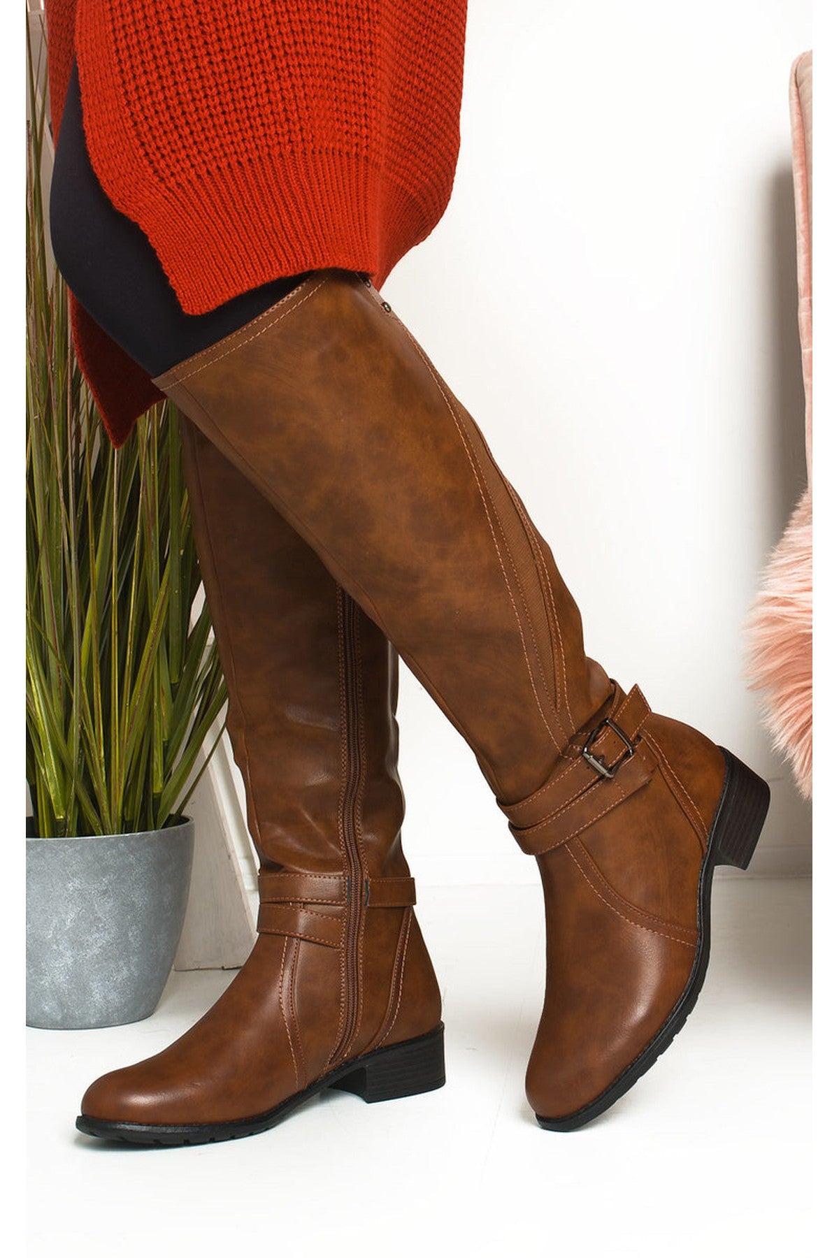 Nina Faux Leather Buckle Knee High Boots - CAMEL