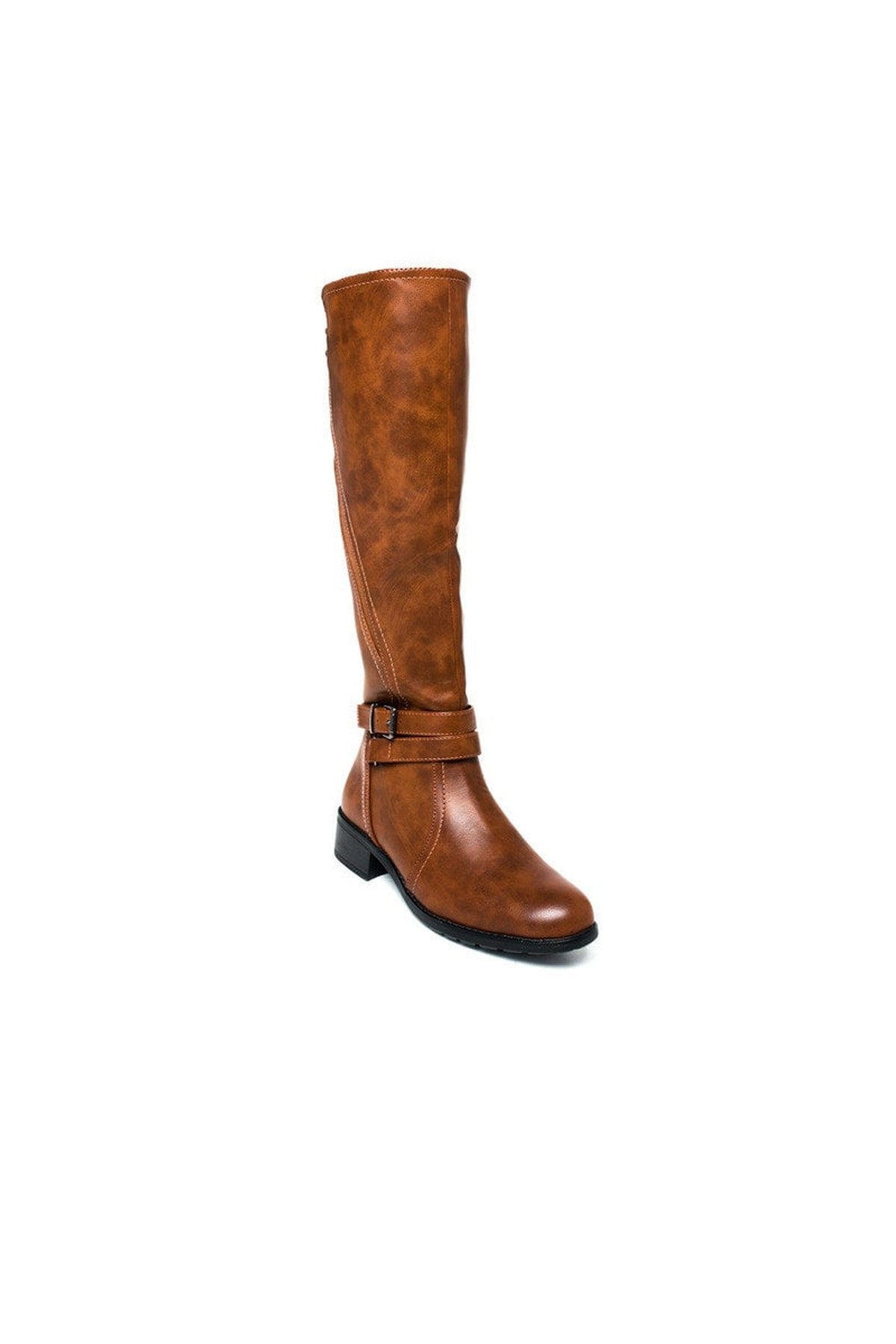 Nina Faux Leather Buckle Knee High Boots - CAMEL