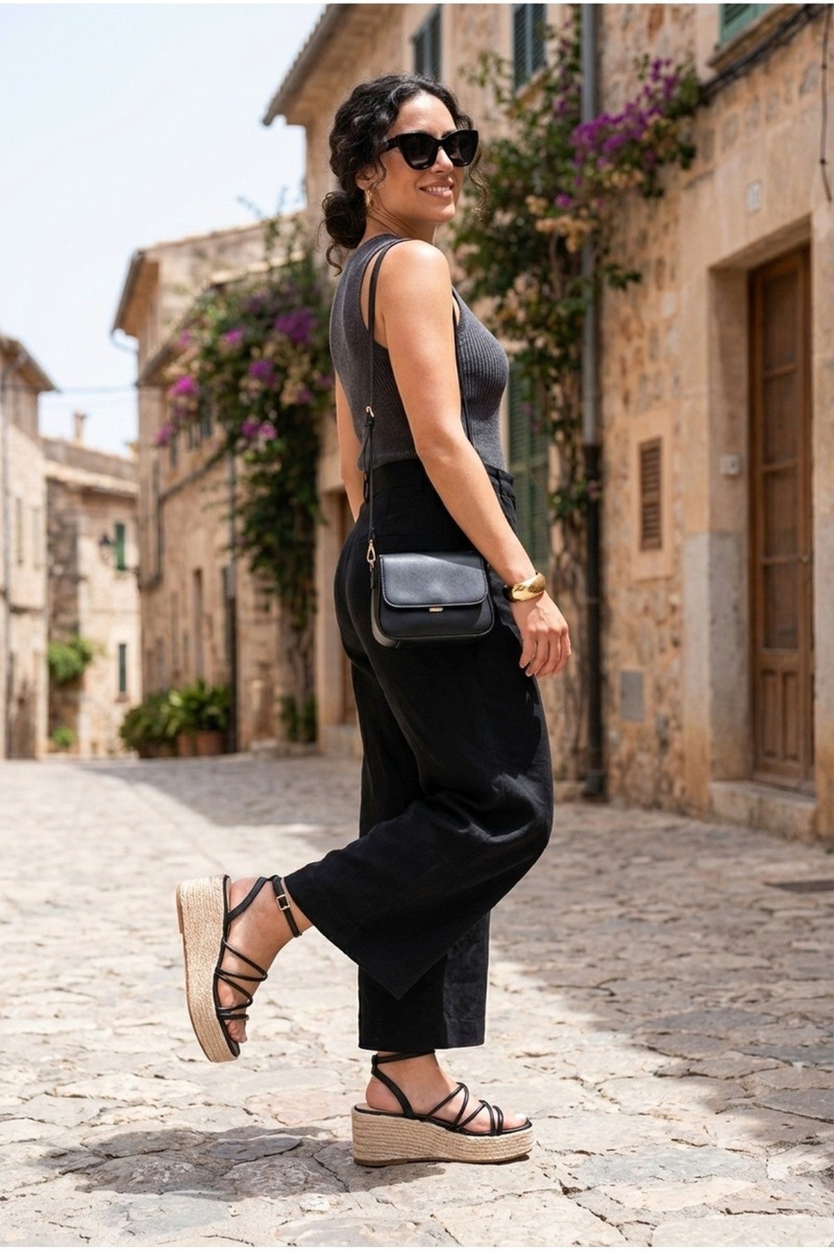 Olivia Womens Strappy Espadrille Platform Sandals - BLACK
