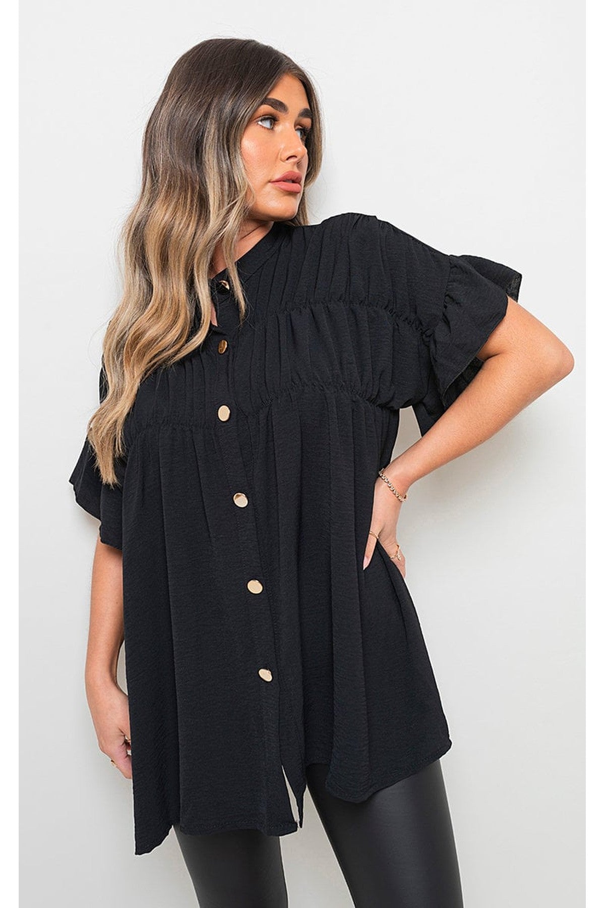 Rebecca Button Down Pleated Frill Tops - BLACK