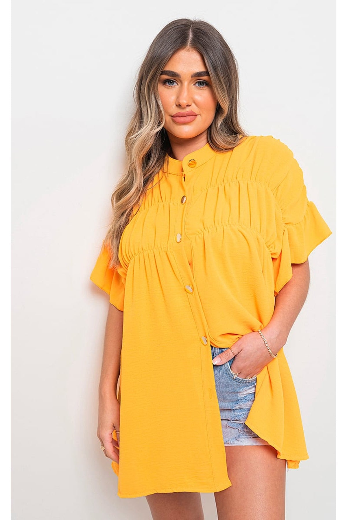 Rebecca Button Down Pleated Frill Tops - MATT ORANGE