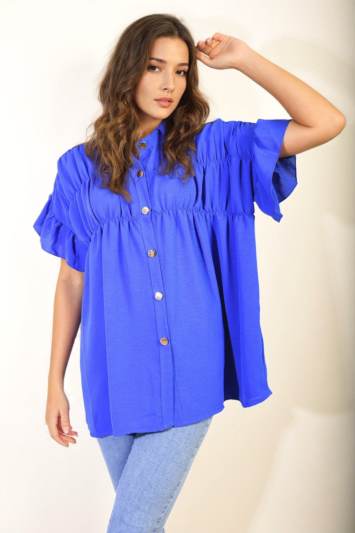 Rebecca Button Down Pleated Frill Tops - ROYAL