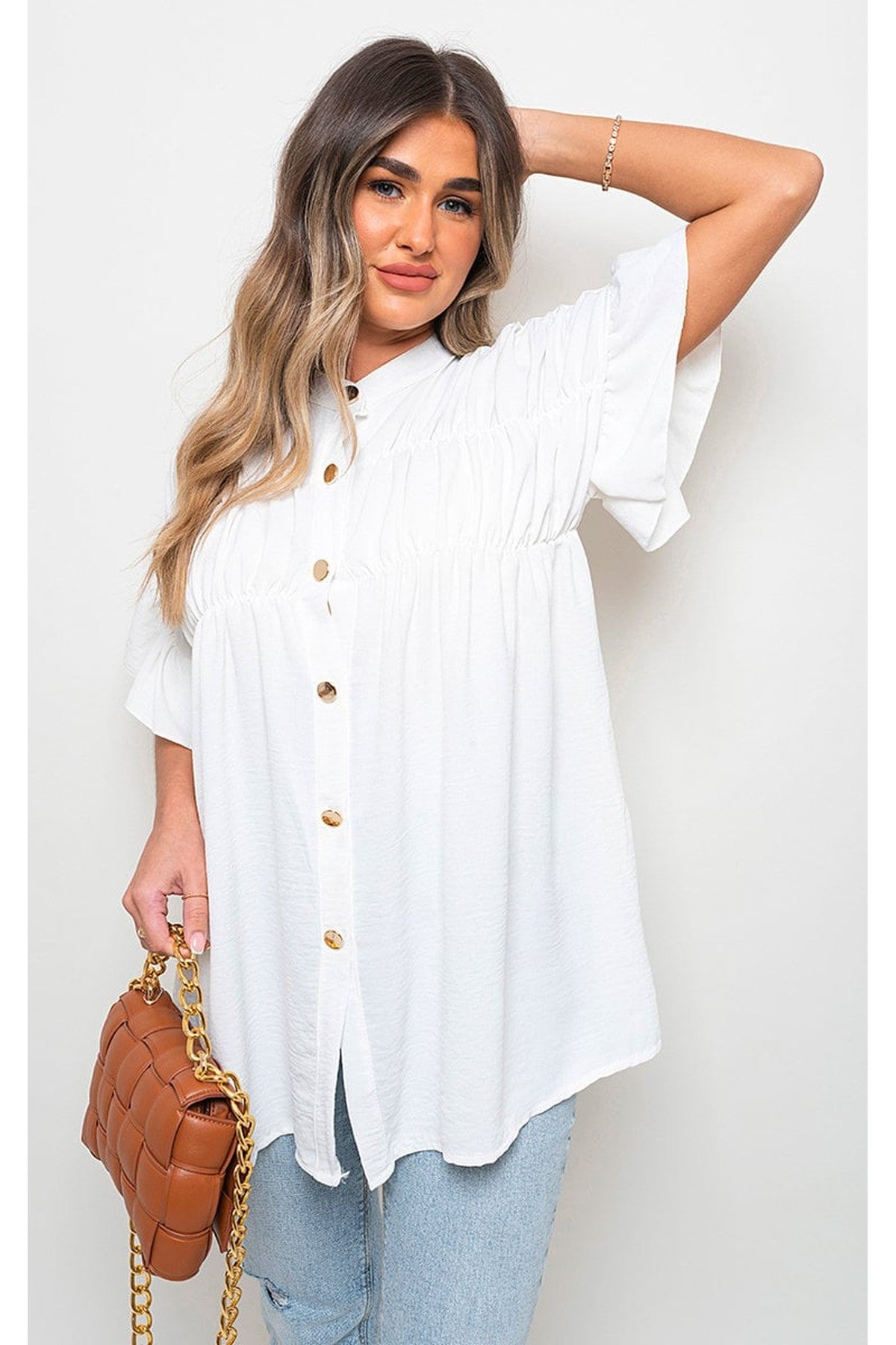 Rebecca Button Down Pleated Frill Tops - WHITE