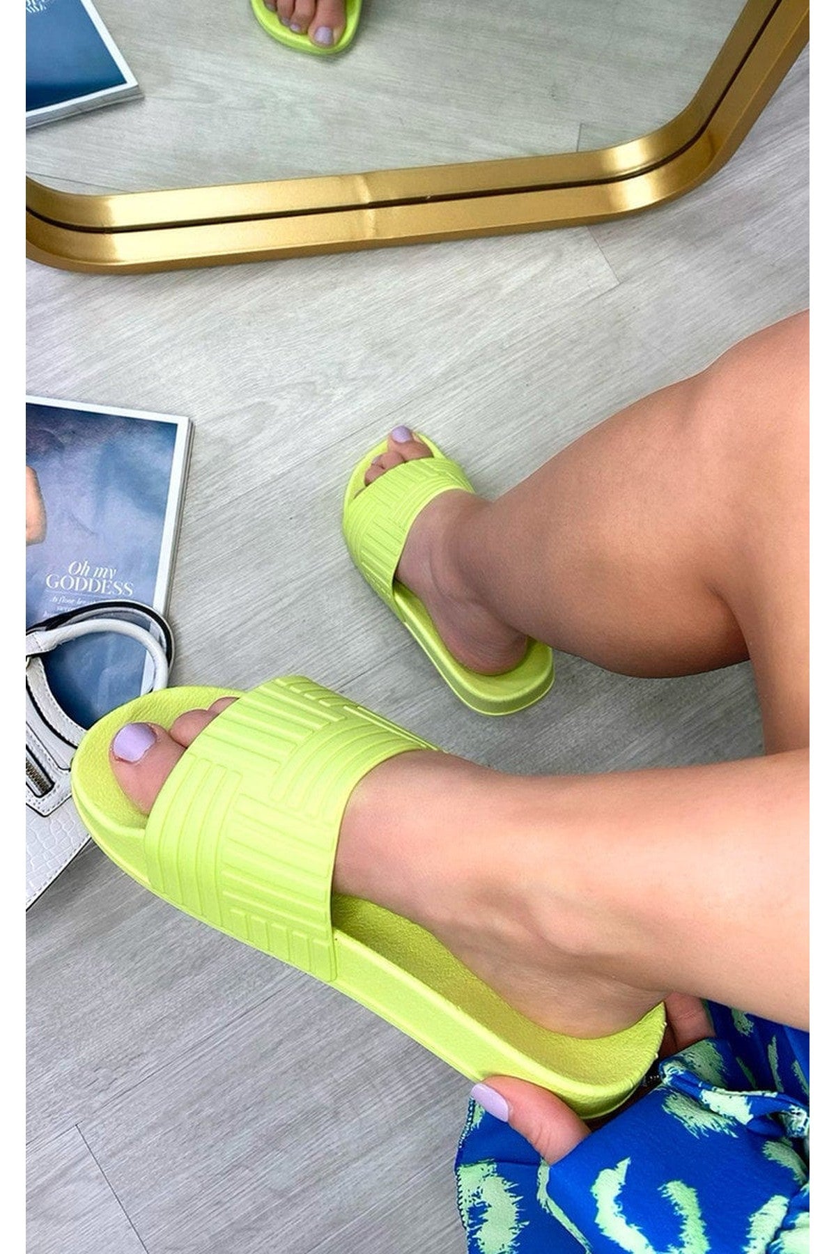 Rhian Faux Leather Slip On Sliders - LIME