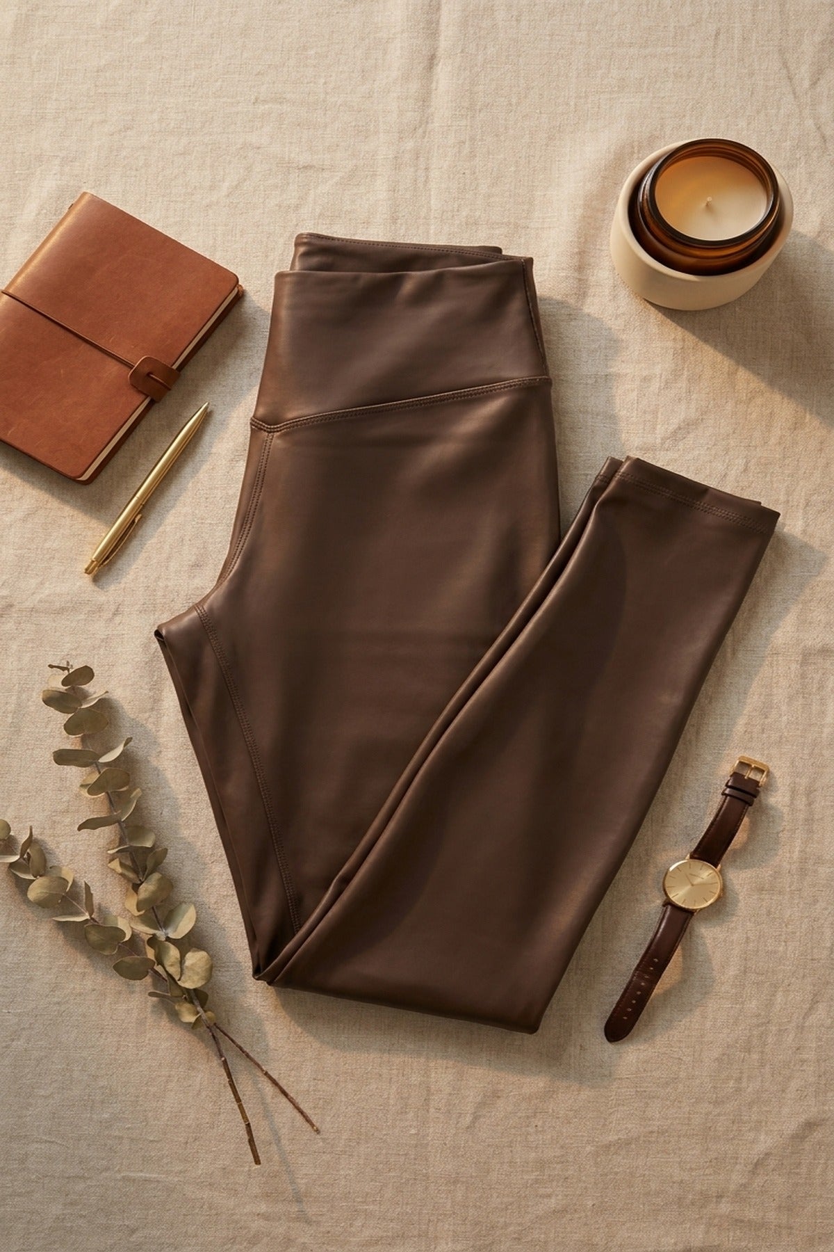 Serina High Waisted Faux Leather Leggings - Brown