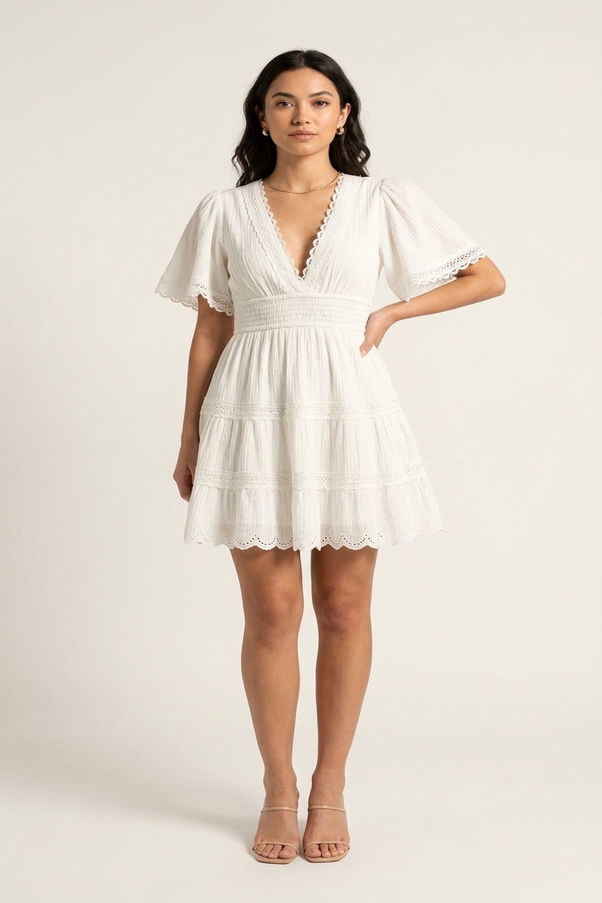 Serina Short Sleeve Deep V-neck Mini Dress With Open Back And Lace Trim - White