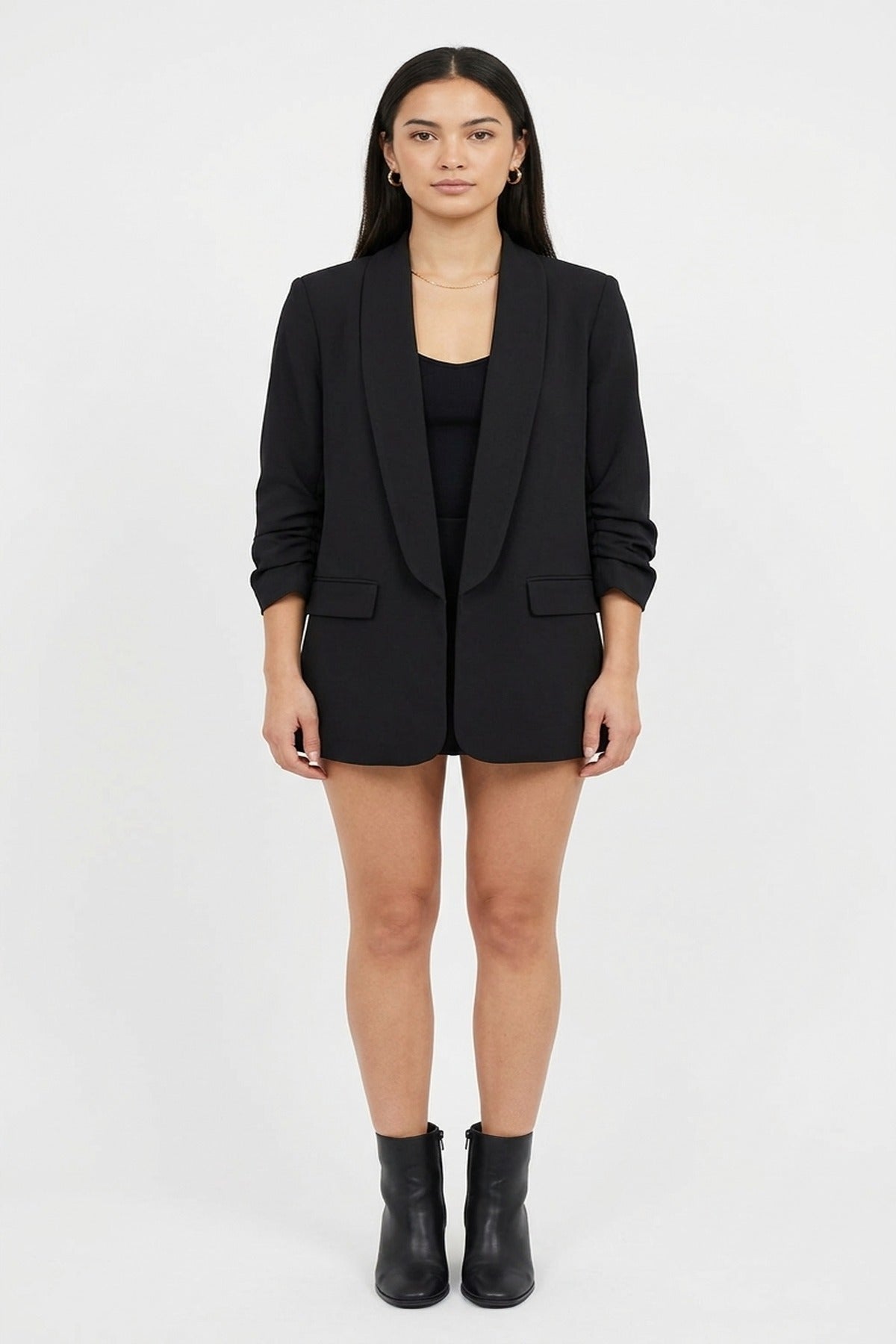 Valerie Ruched Sleeve Open Front Blazer Jacket With Front Pockets - Black