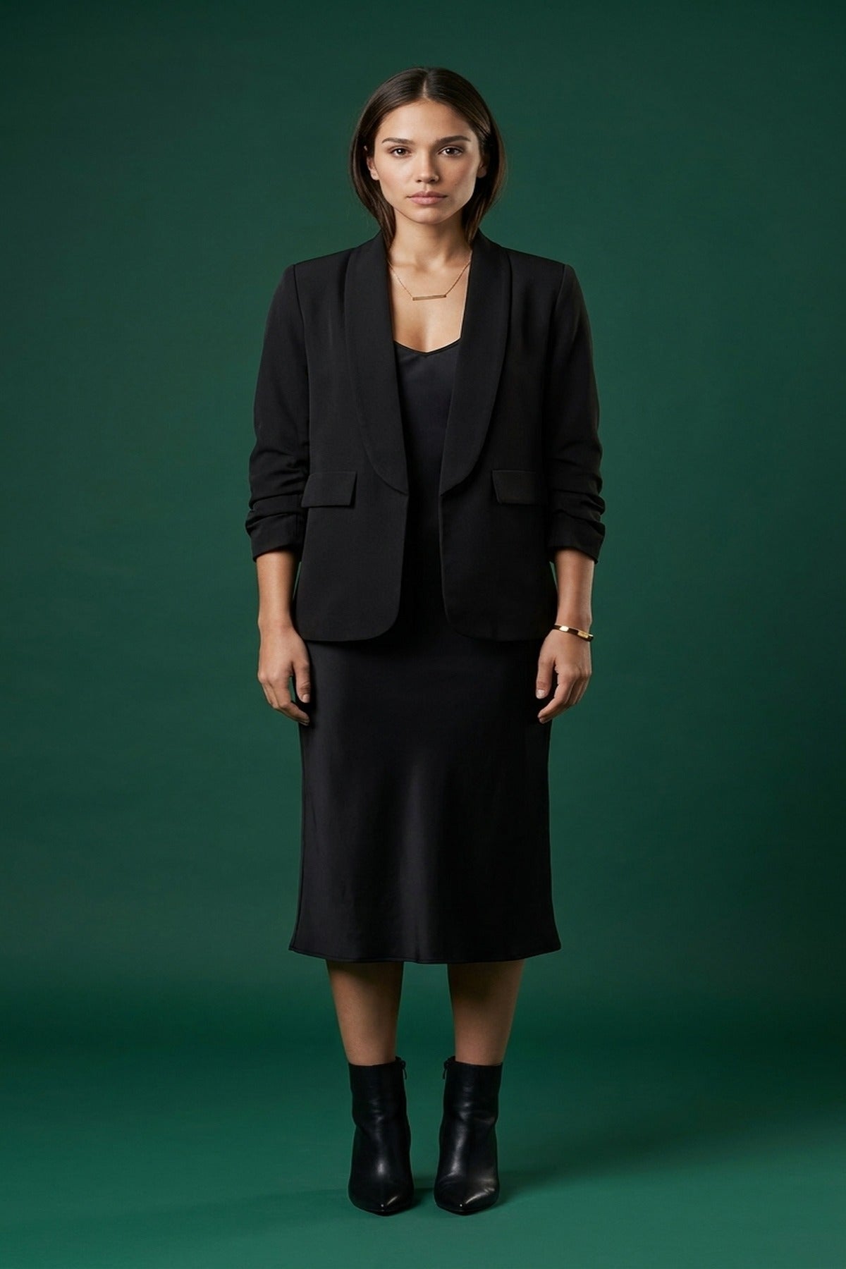 Valerie Ruched Sleeve Open Front Blazer Jacket With Front Pockets - Black