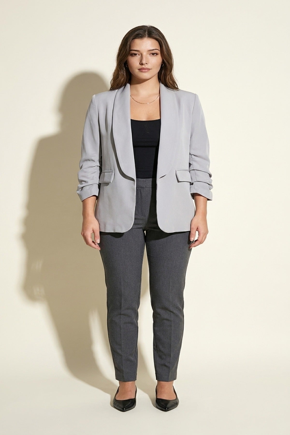 Valerie Ruched Sleeve Open Front Blazer Jacket With Front Pockets - Grey
