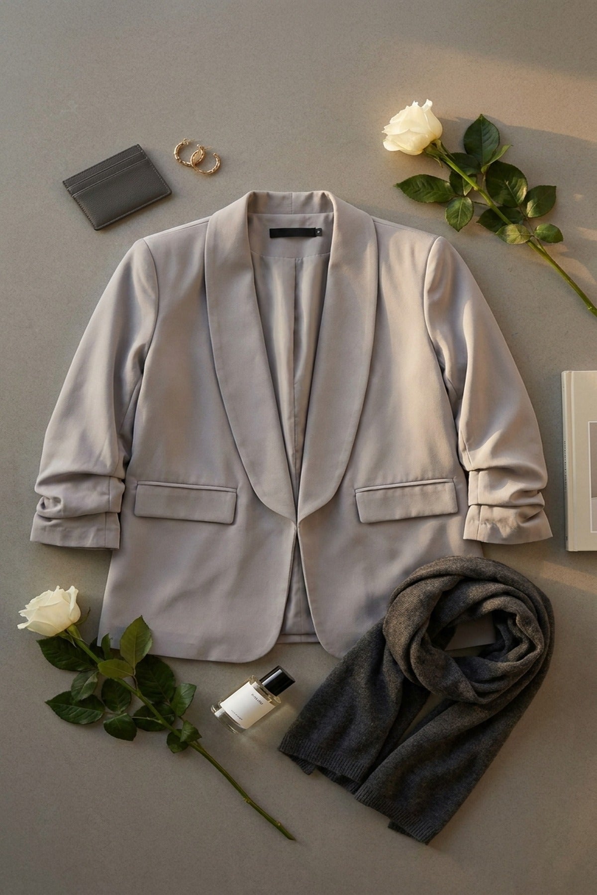 Valerie Ruched Sleeve Open Front Blazer Jacket With Front Pockets - Grey