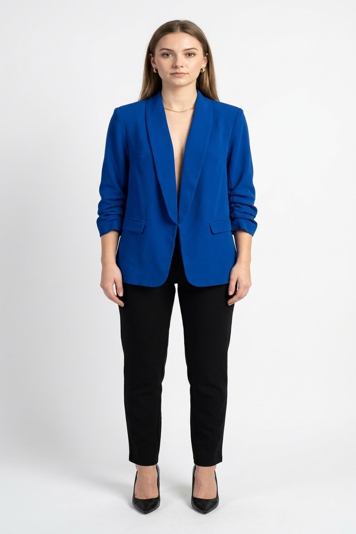 Valerie Ruched Sleeve Open Front Blazer Jacket With Front Pockets - Royal