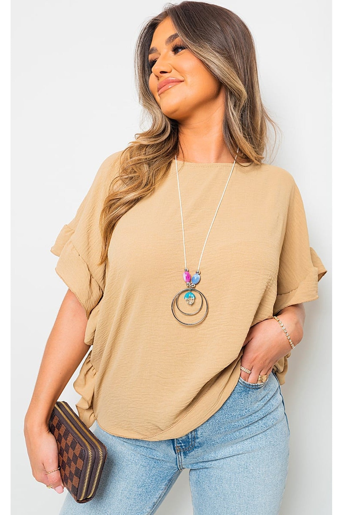 Vienna Frill Sleeve Top With Chain - BEIGE