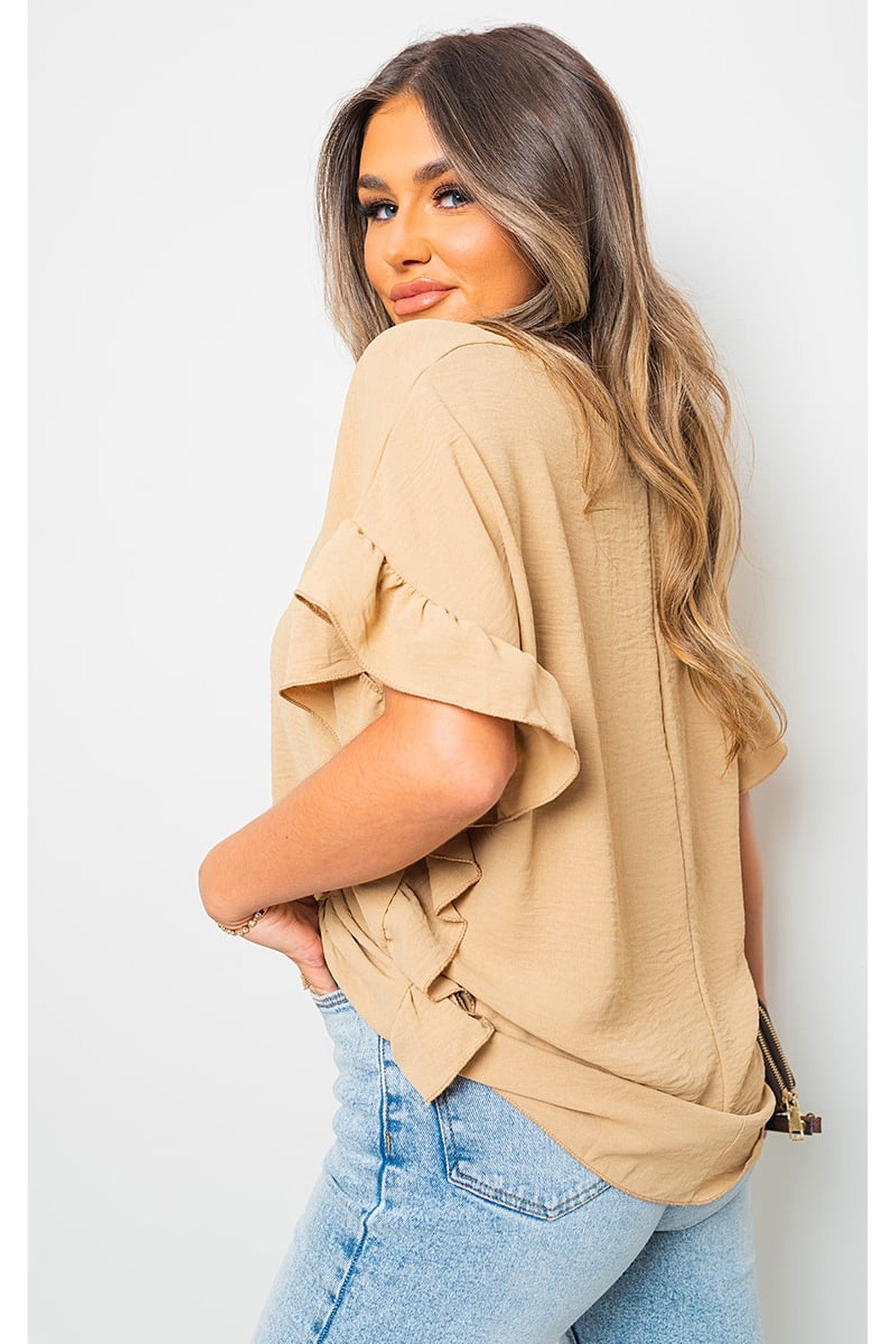 Vienna Frill Sleeve Top With Chain - BEIGE