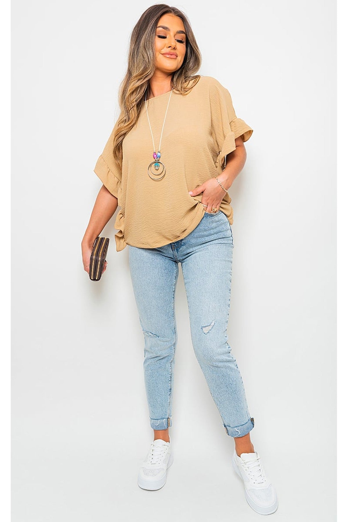 Vienna Frill Sleeve Top With Chain - BEIGE