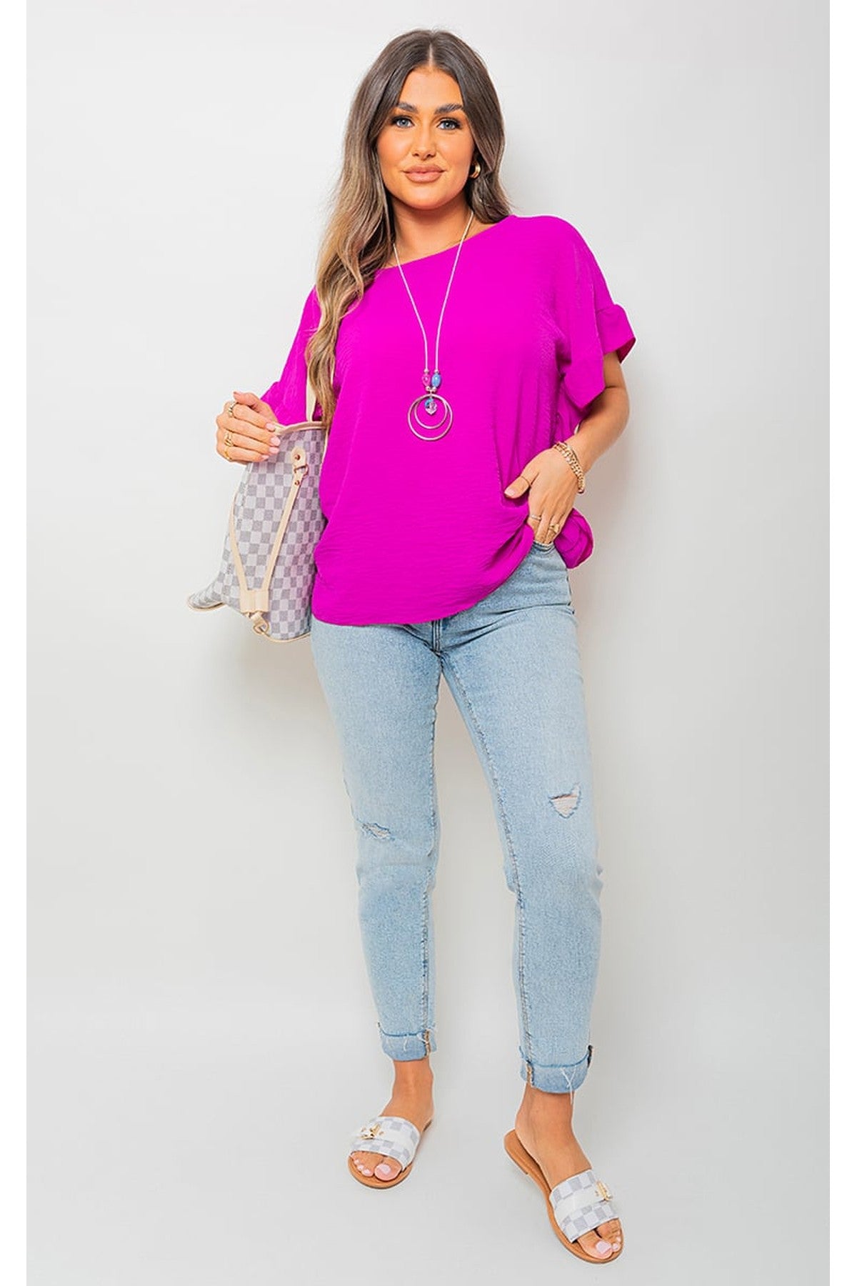 Vienna Frill Sleeve Top With Chain - MAGENTA