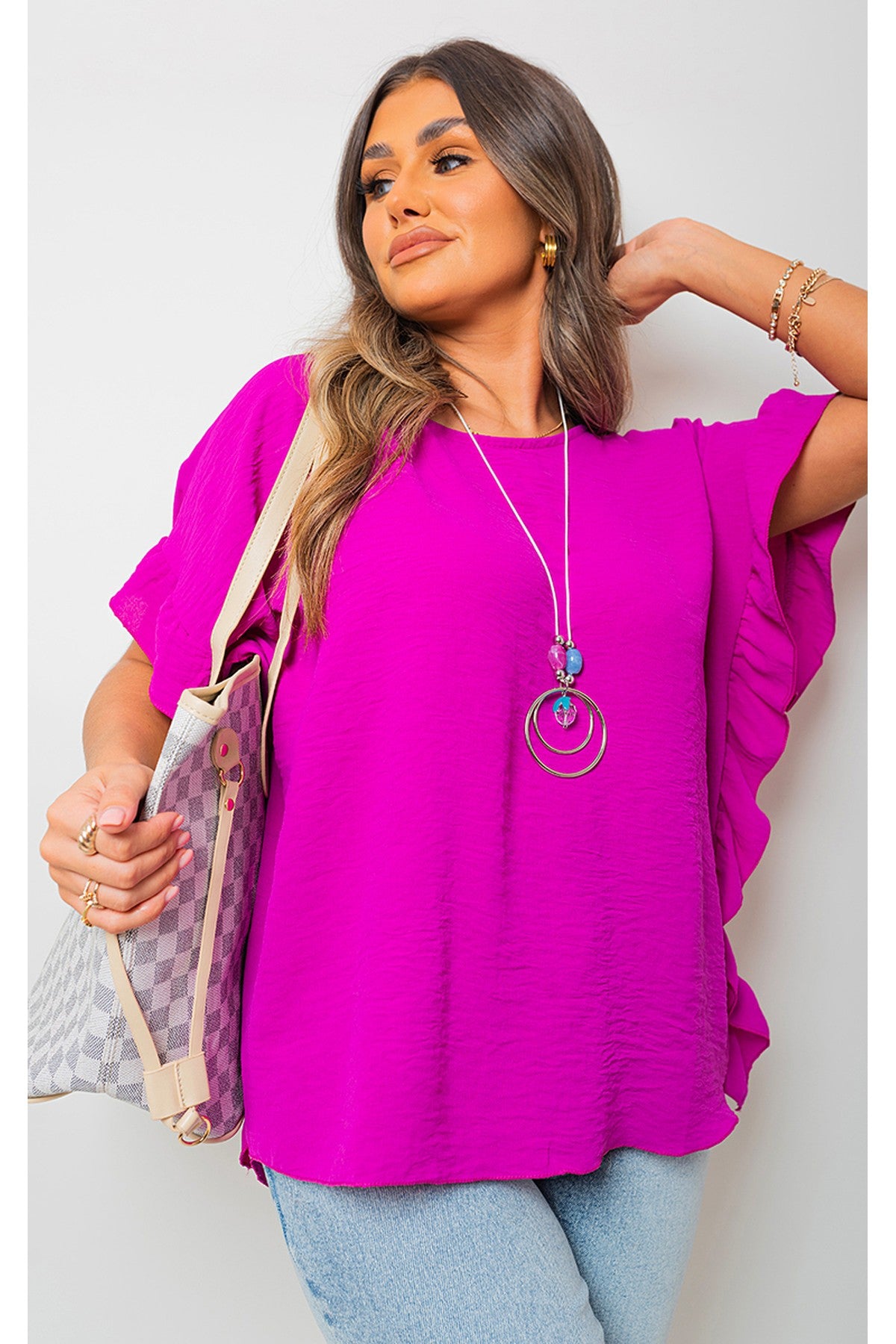 Vienna Frill Sleeve Top With Chain - MAGENTA