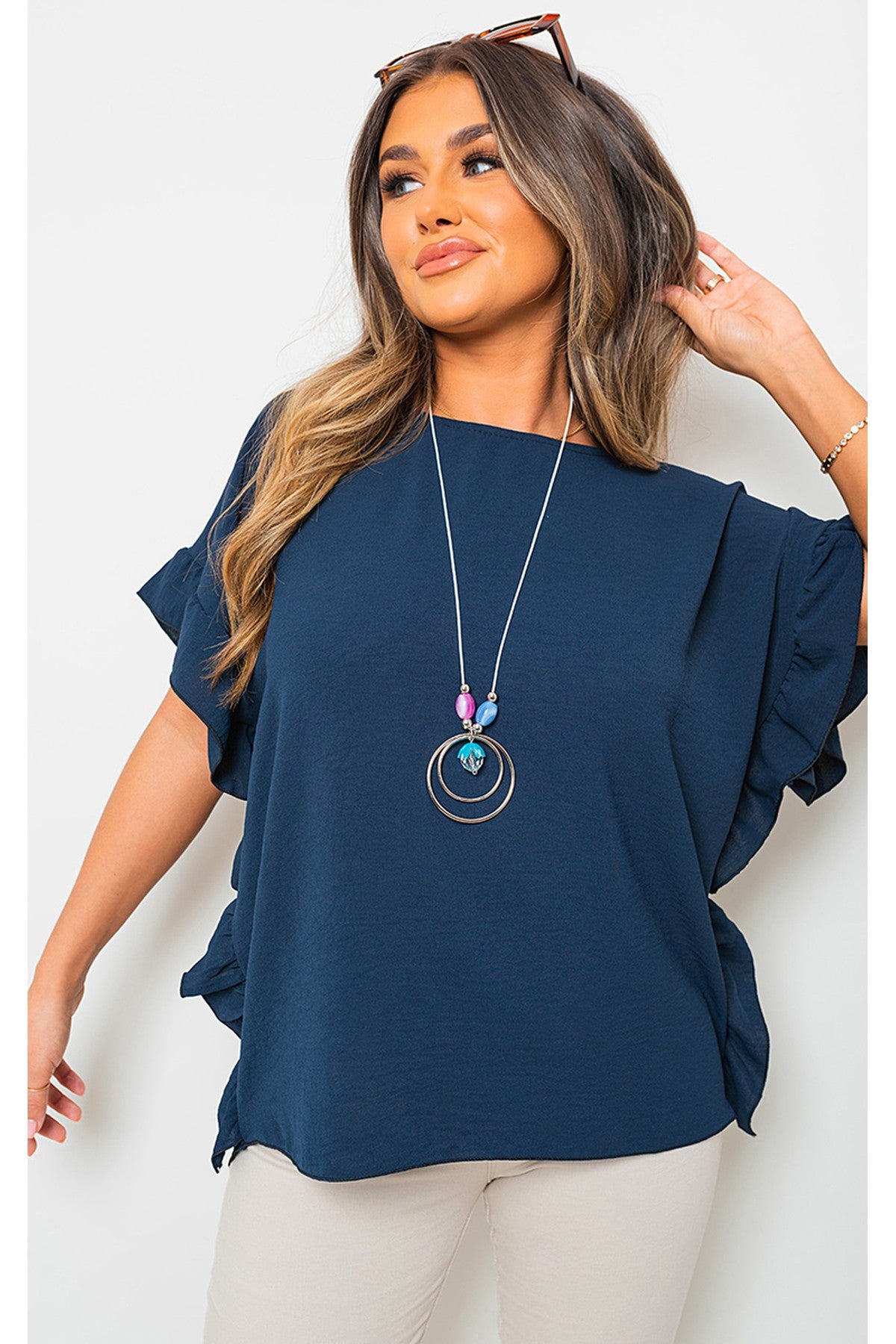 Vienna Frill Sleeve Top With Chain - NAVY