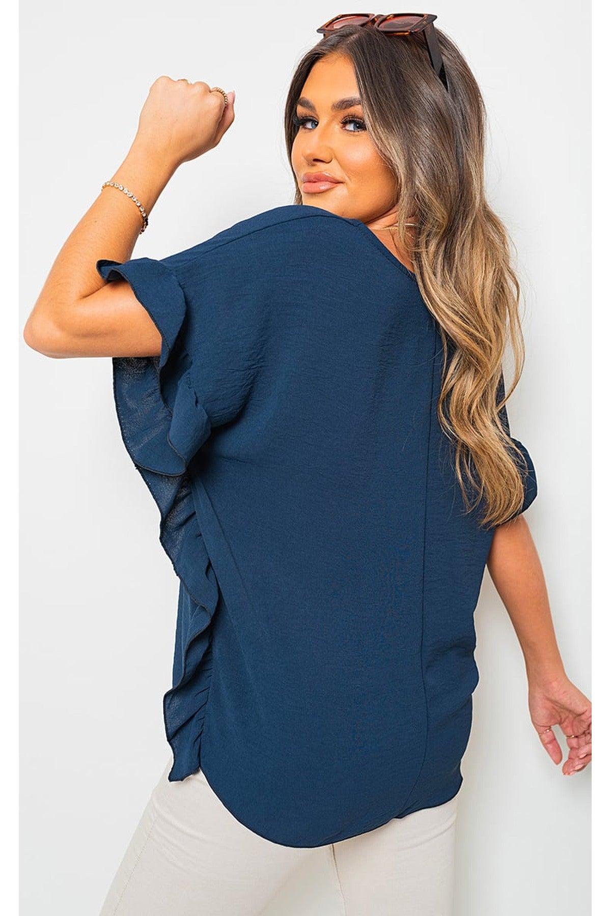 Vienna Frill Sleeve Top With Chain - NAVY