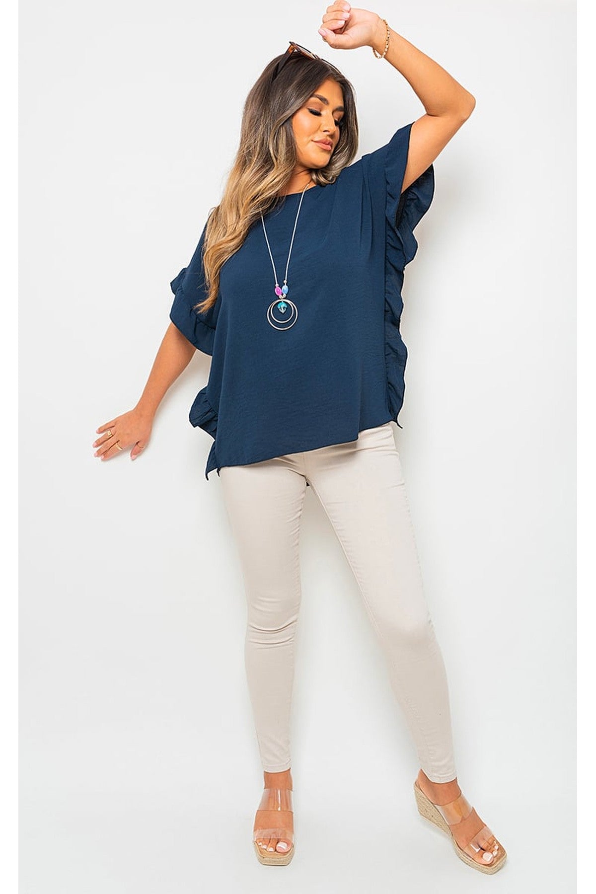 Vienna Frill Sleeve Top With Chain - NAVY