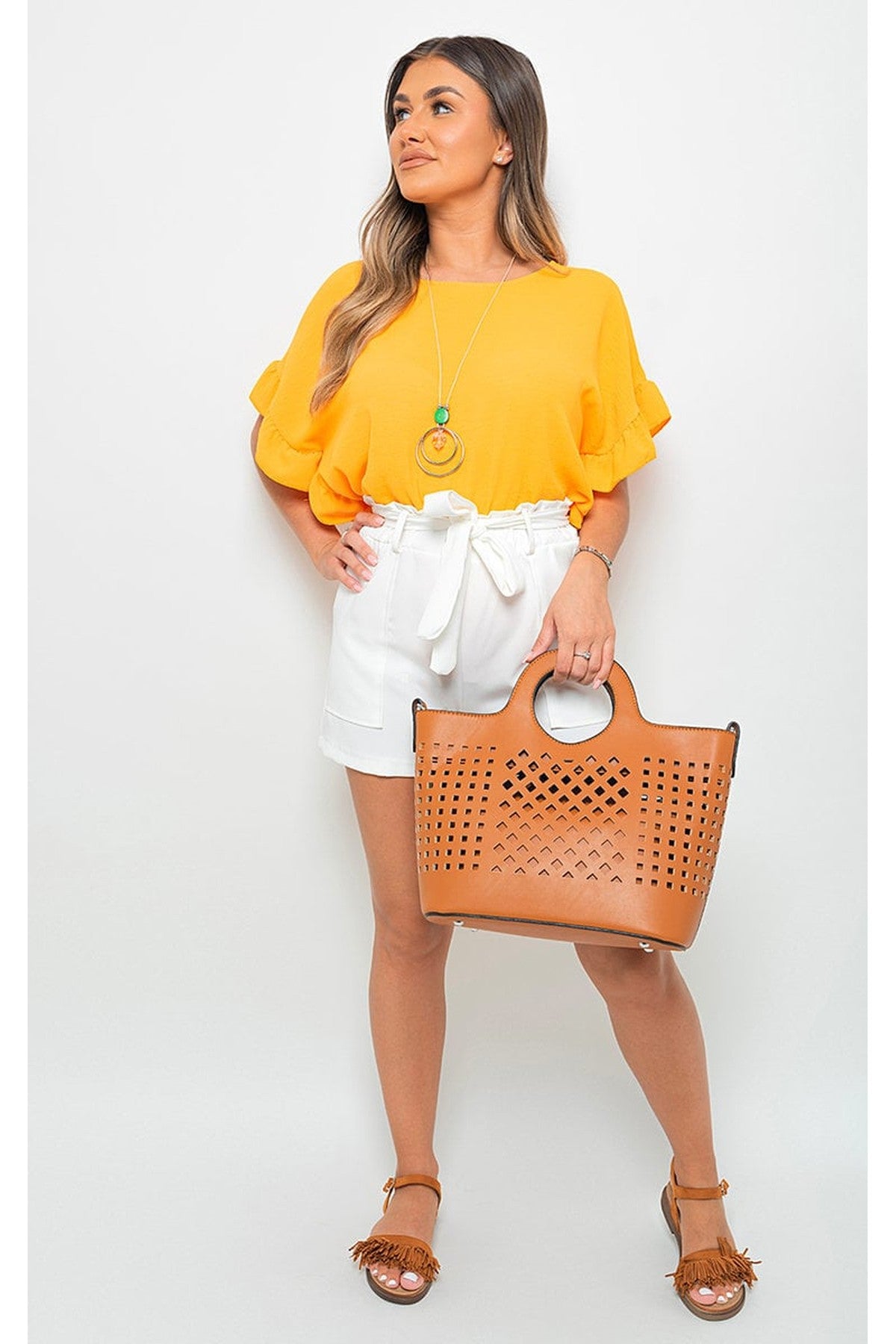 Vienna Frill Sleeve Top With Chain - ORANGE