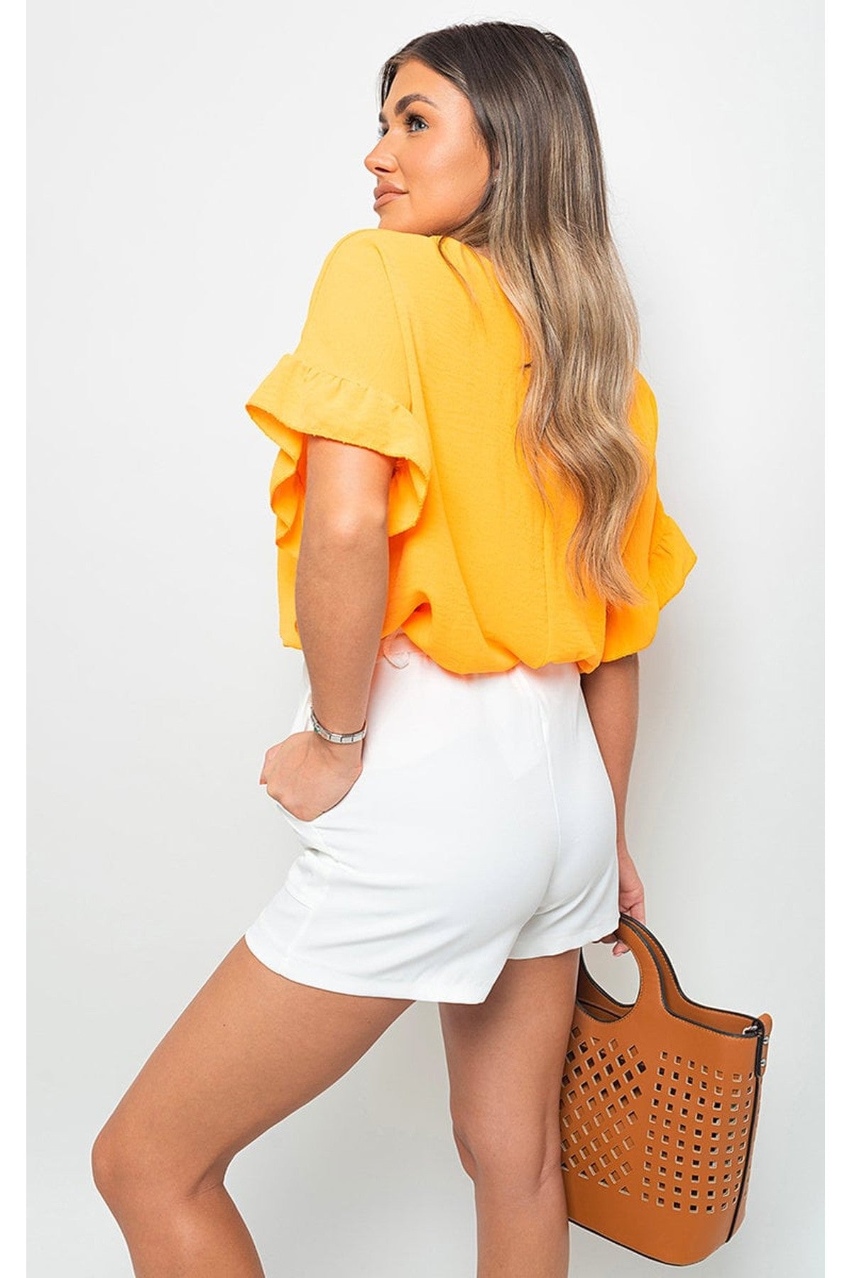Vienna Frill Sleeve Top With Chain - ORANGE