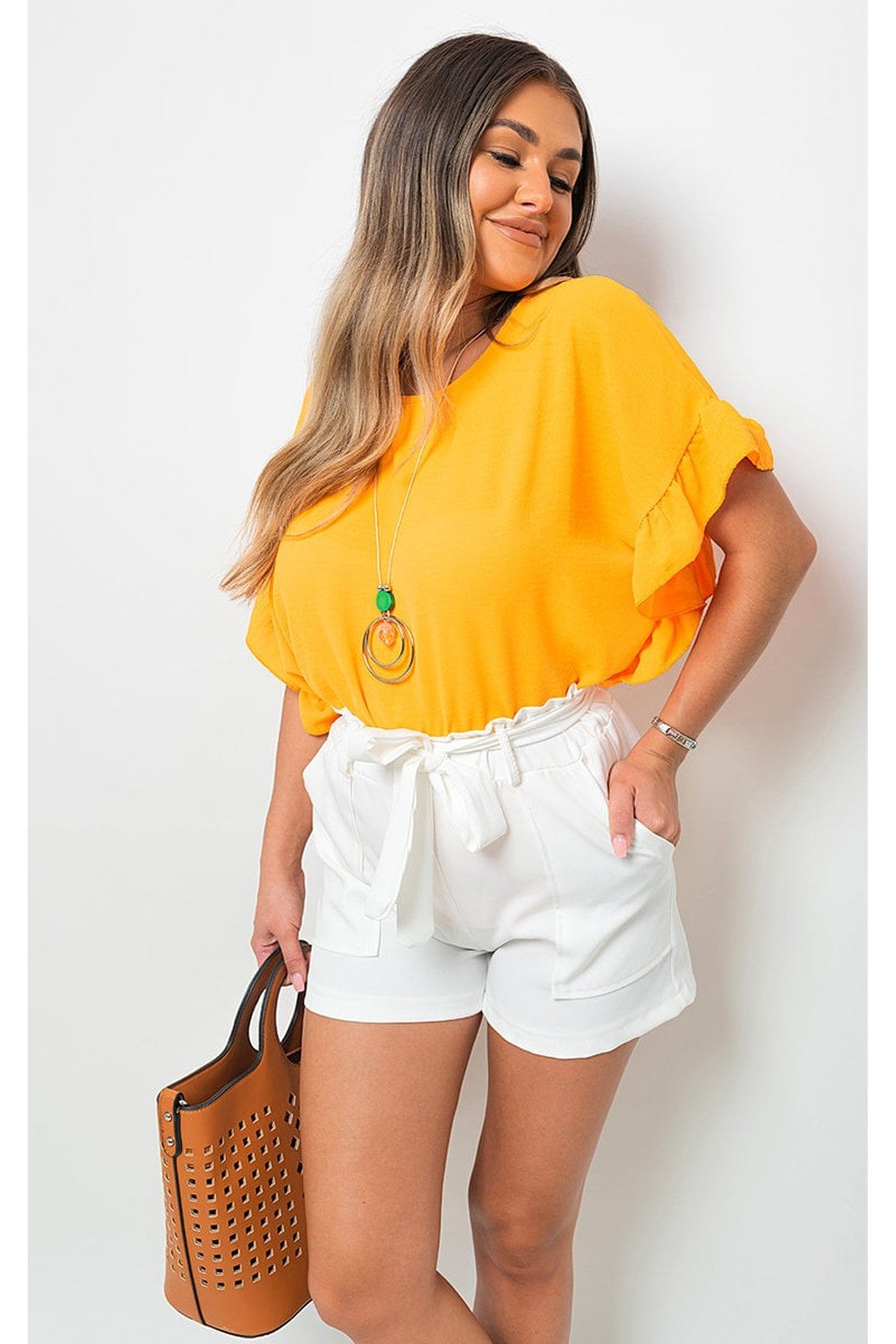 Vienna Frill Sleeve Top With Chain - ORANGE