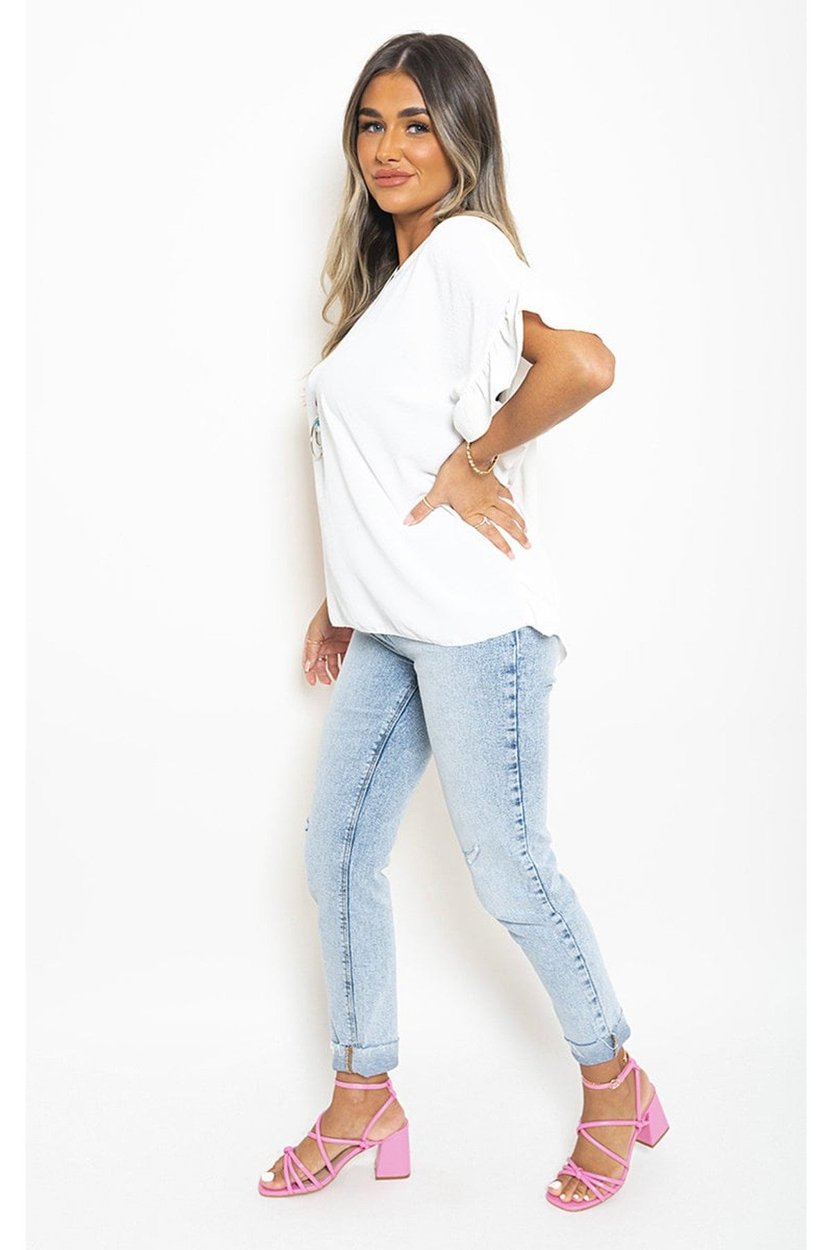 Vienna Frill Sleeve Top With Chain - WHITE