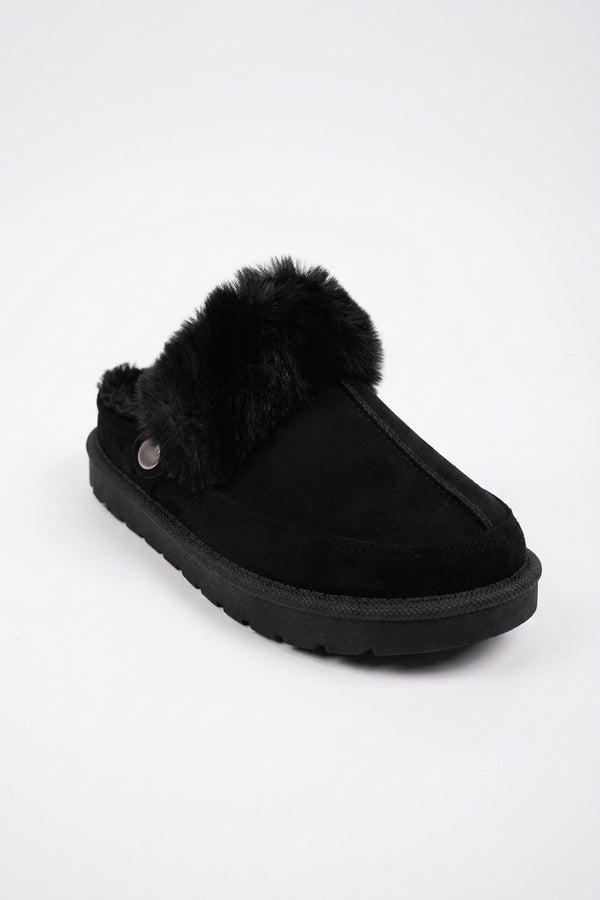Radha Faux Fur Trim Platform Mule Slippers - Black