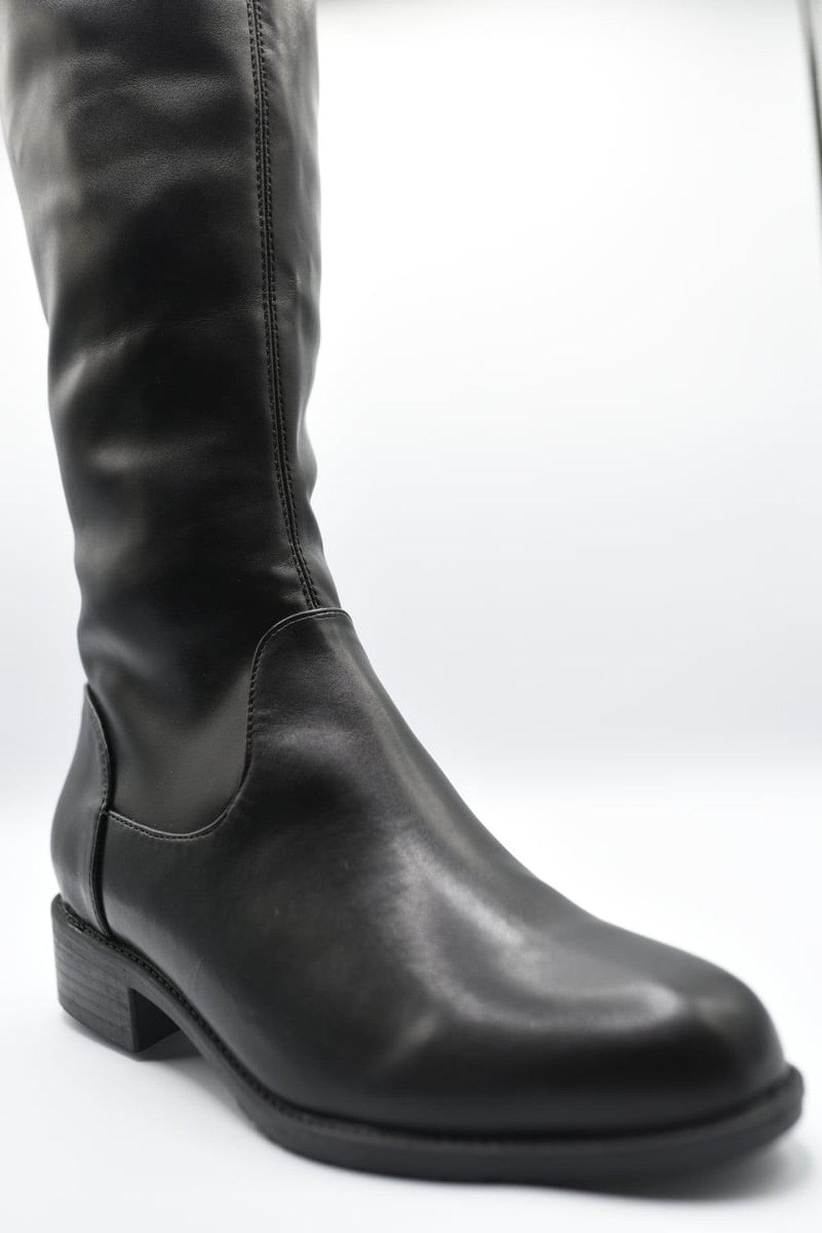 Abbey Tie Detail Low Heel Knee High Boots - Black