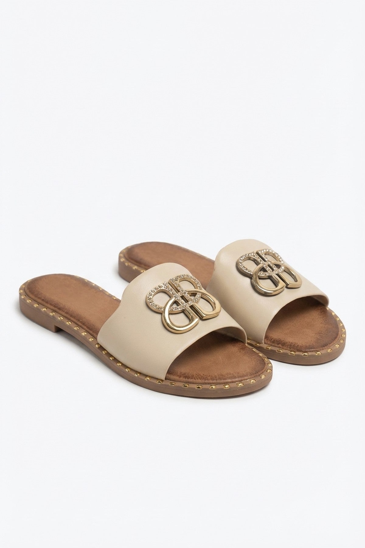 Abby Sparkle Buckle Gold Studded Flat Sandals - Beige