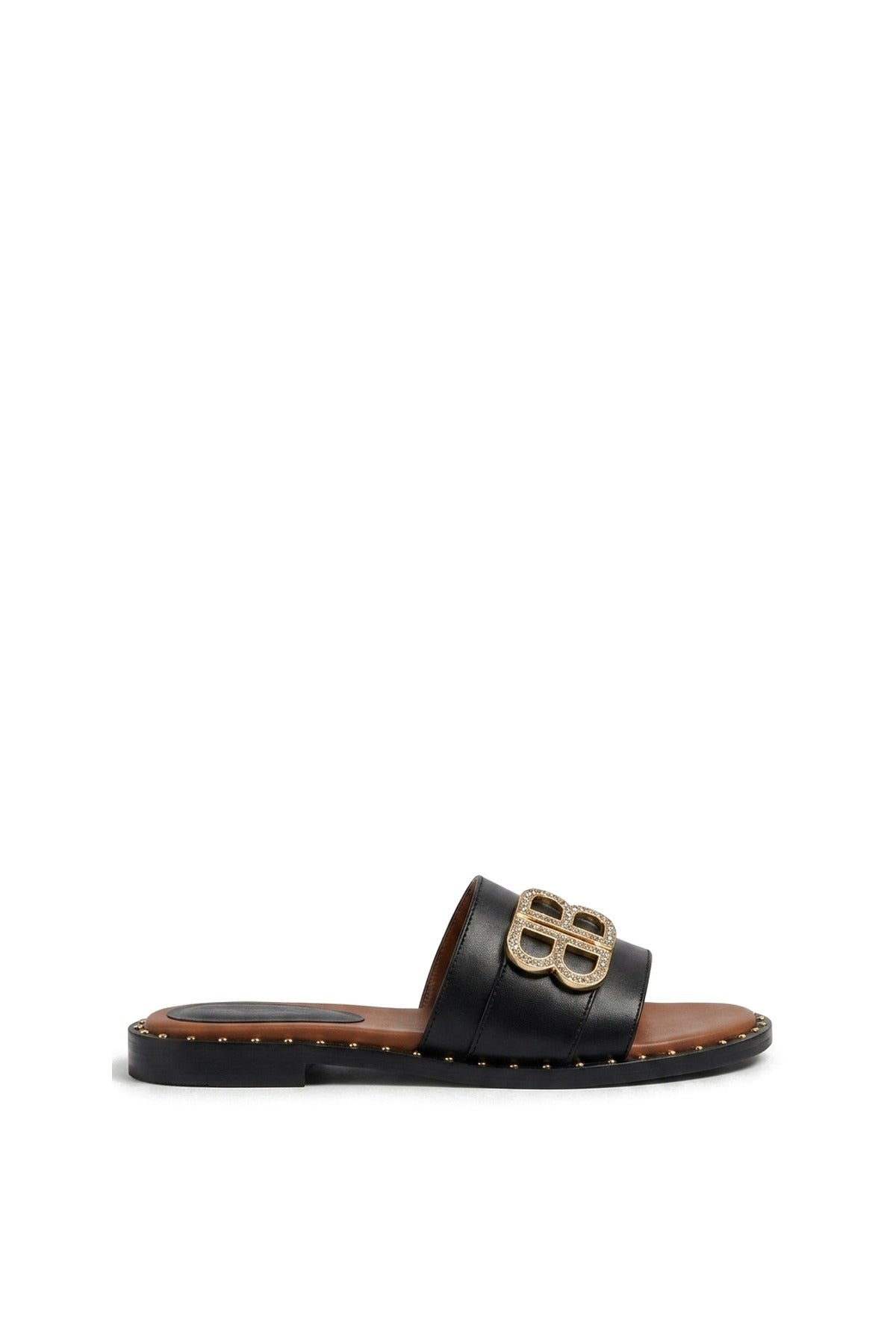 Abby Sparkle Buckle Gold Studded Flat Sandals - Black
