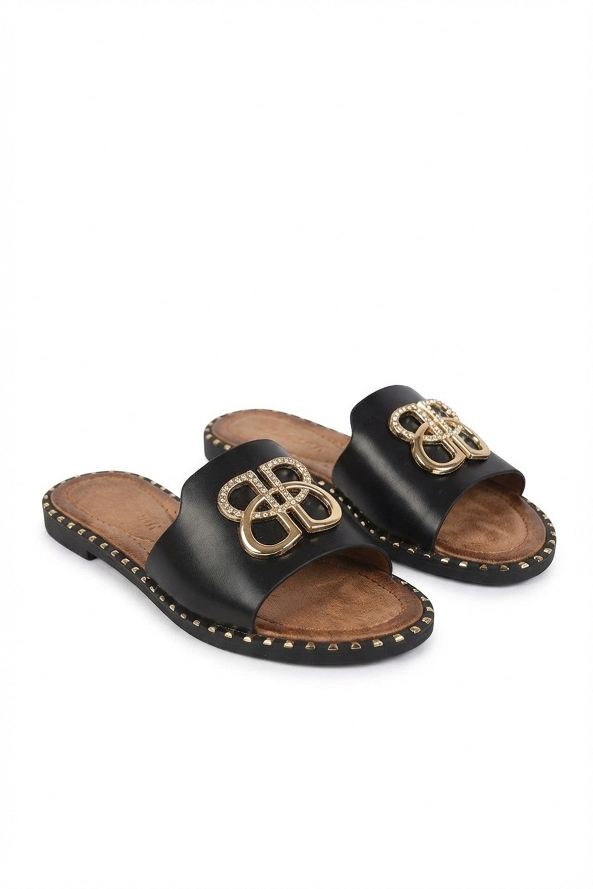 Abby Sparkle Buckle Gold Studded Flat Sandals - Black