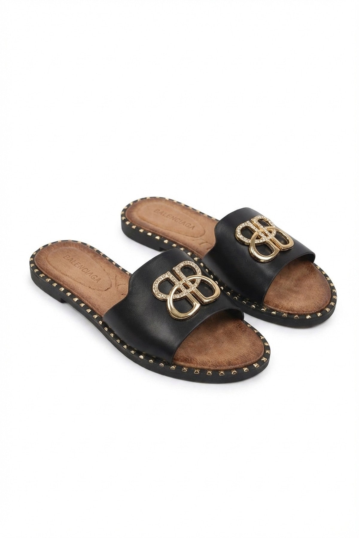 Abby Sparkle Buckle Gold Studded Flat Sandals - Black