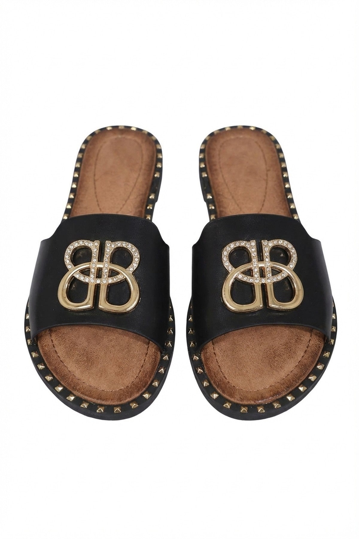 Abby Sparkle Buckle Gold Studded Flat Sandals - Black
