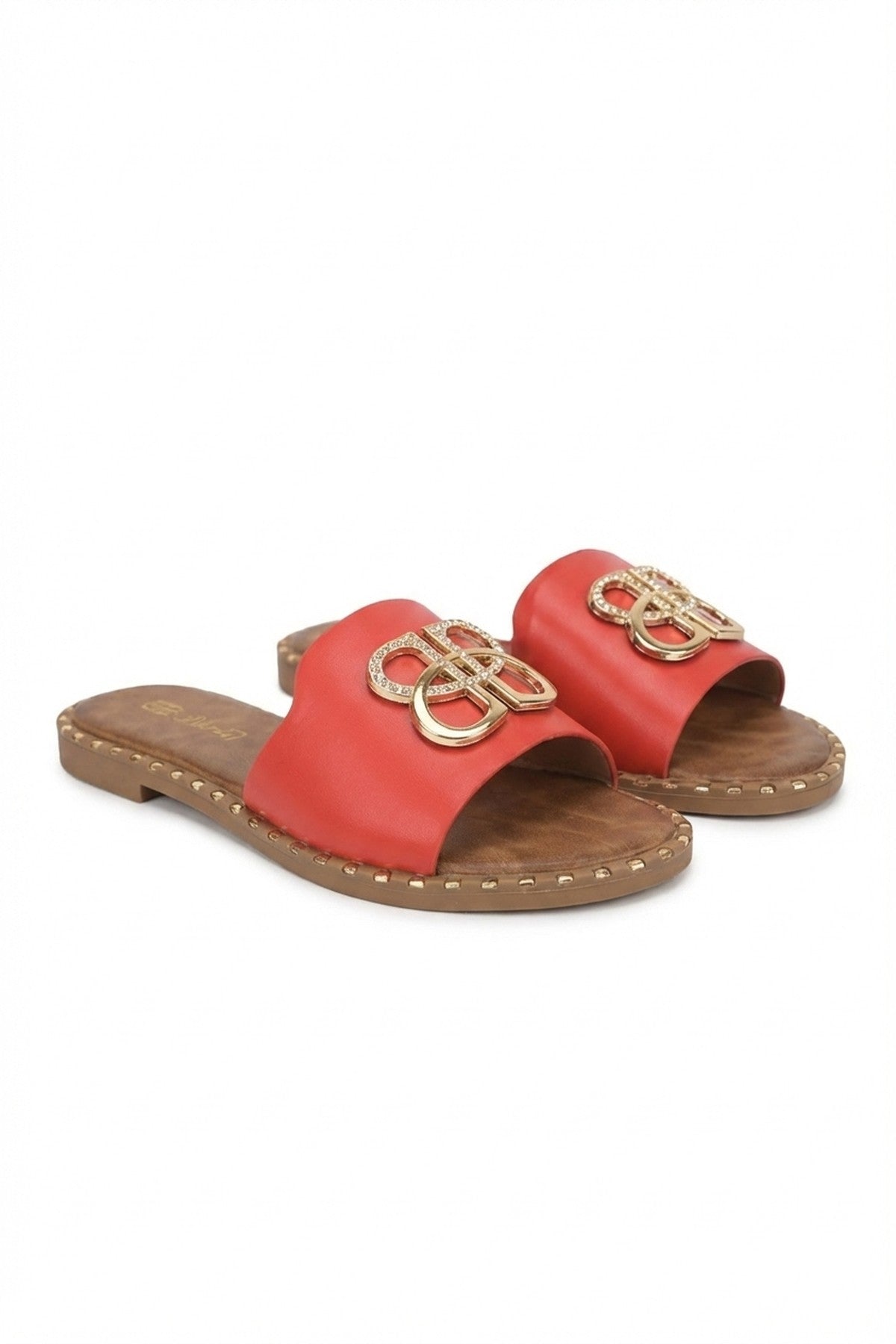 Abby Sparkle Buckle Gold Studded Flat Sandals - Red