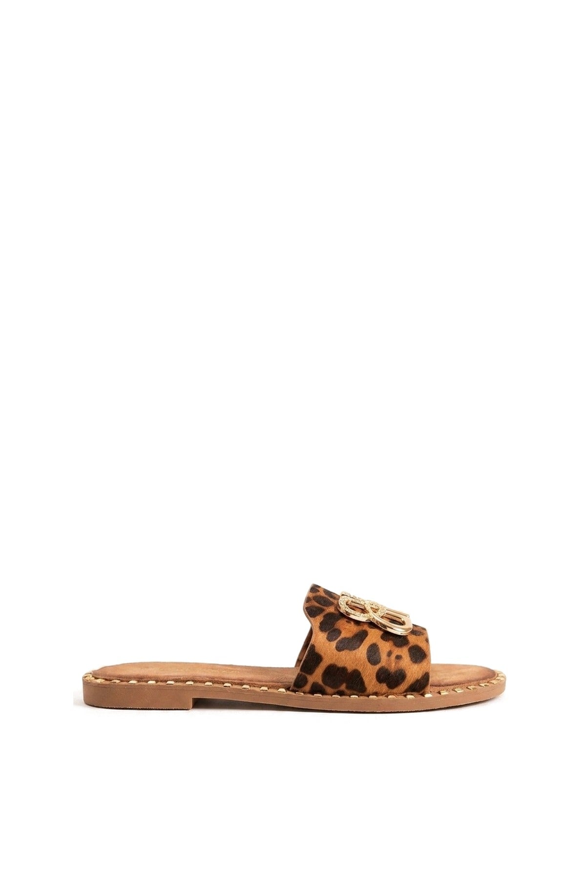 Abby Sparkle Buckle Gold Studded Flat Sandals - Leopard