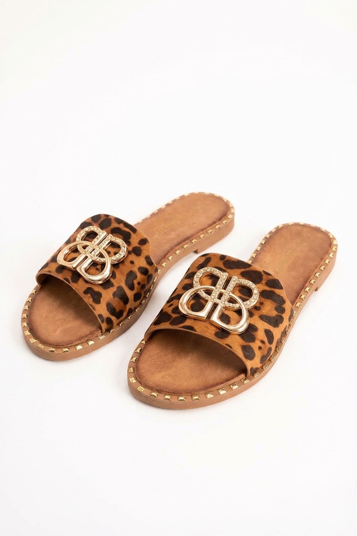 Abby Sparkle Buckle Gold Studded Flat Sandals - Leopard