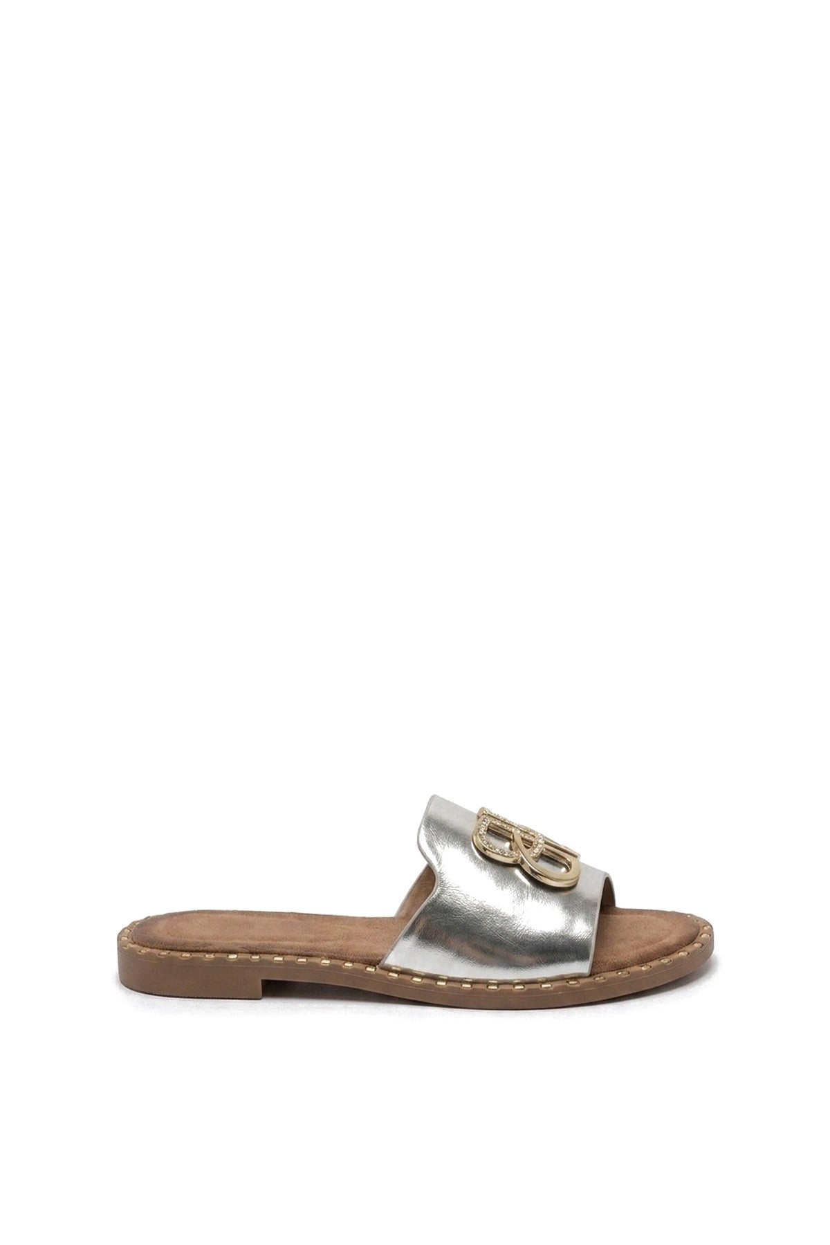 Abby Sparkle Buckle Gold Studded Flat Sandals - Silver